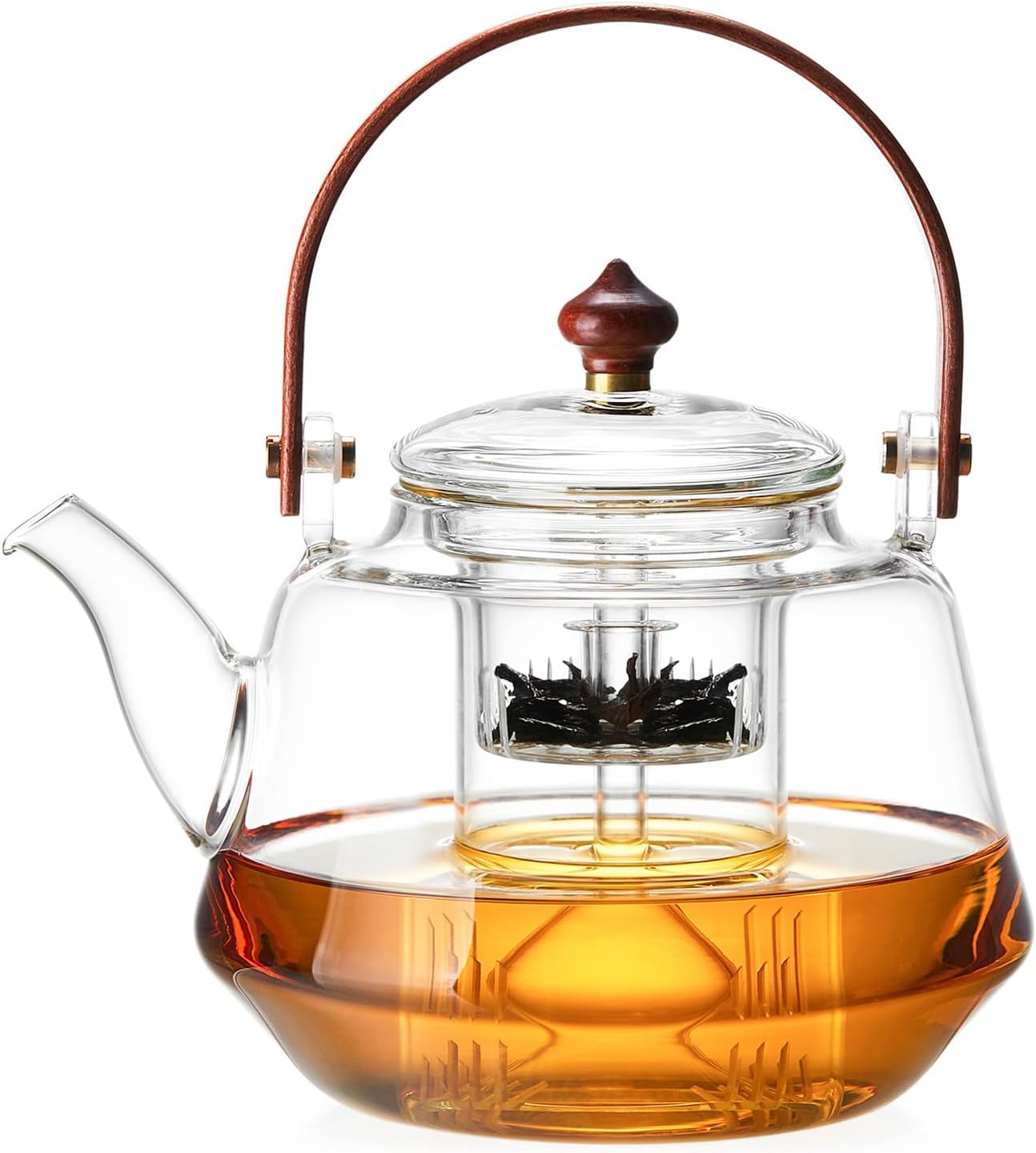 DOPUDO 40oz Glass Teapot with Anti-Drip Spout, Peach Wood Handle and Lid, Heat-Resistant Borosilicate Glass, Dual Infusers for Steaming and Boiling
