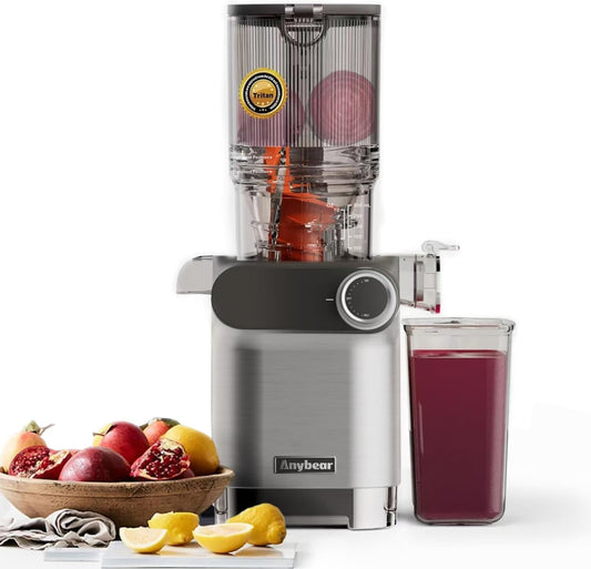 Anybear Cold Press Juicer, 200W Masticating Slow Juicer 4.3" Large Feed Chute Fit Whole Fruits Vegetables | Upgraded Auger | Tritan Material | BPA Free | Juice Recipes (Silver)