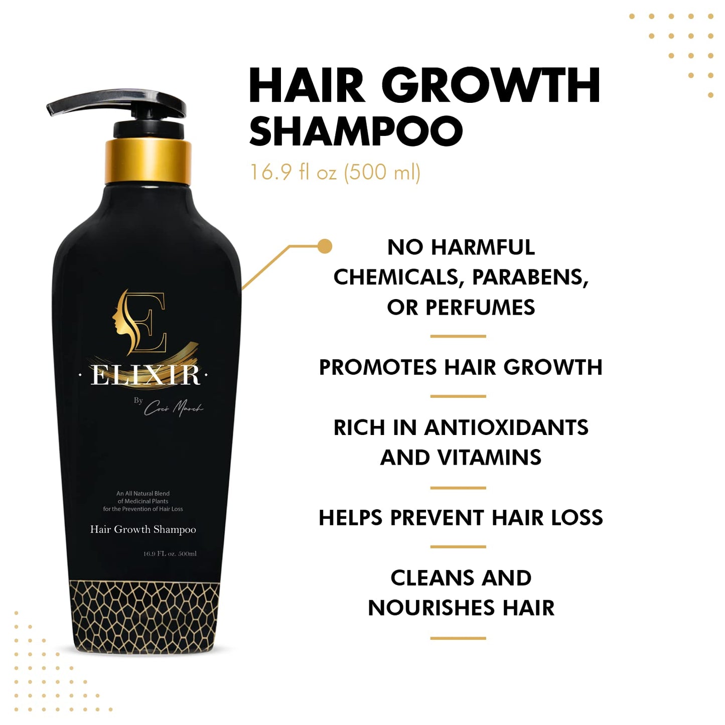 Elixir by Coco March Hair Growth Shampoo - Plant-Based Thinning Hair Formula for Thicker, Fuller Hair - Chemical-Free for Men and Women - 16.9 fl oz