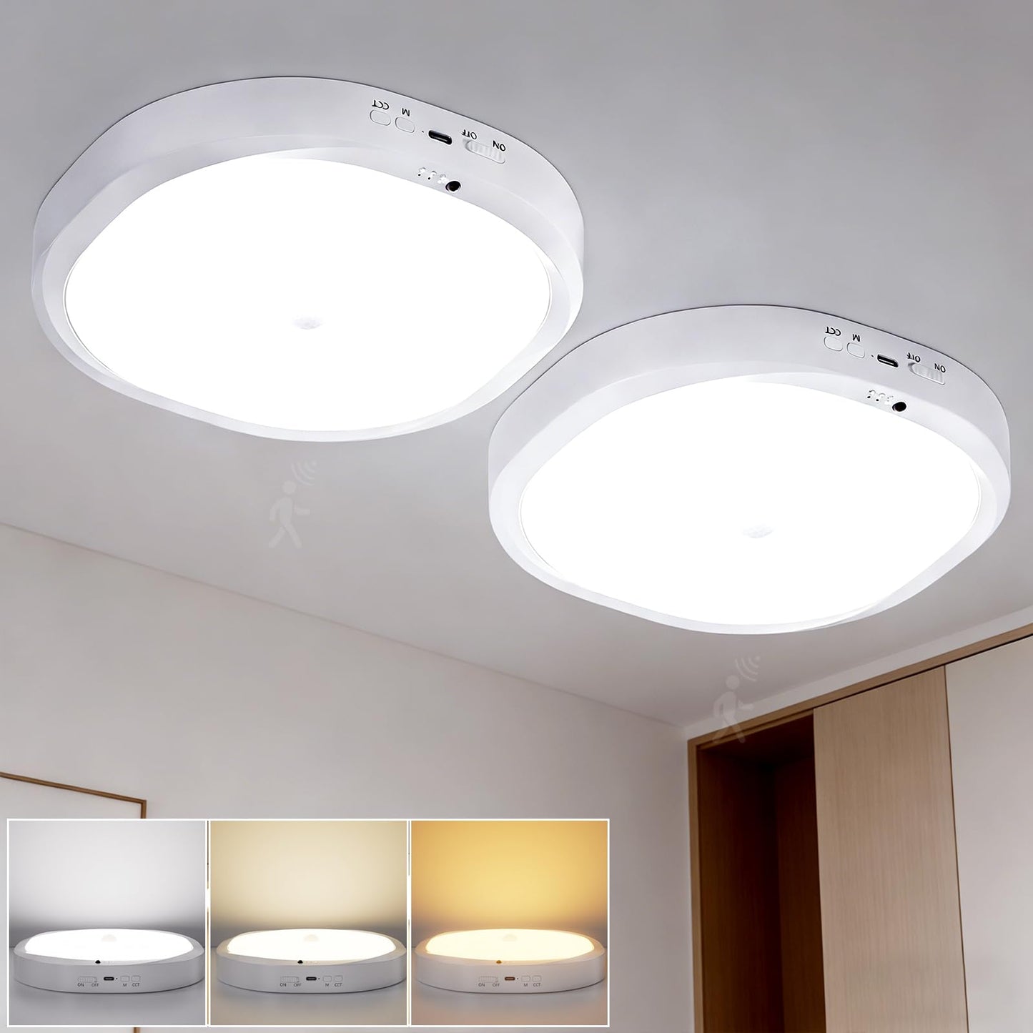 KNHUOS 2 Packs Motion Sensor Closet Light with Remote, No Wiring Battery Operated Ceiling Light with 10000mAh, Waterproof Shower Light for Bathroom Closet Stairs Pantry