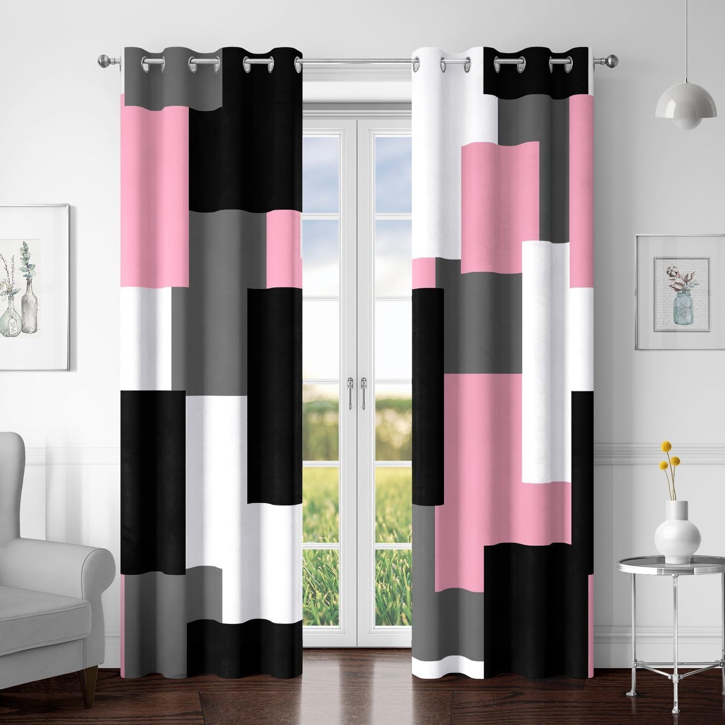 Tyrot Pink 100% Blackout Curtains for Bedroom 84 inch Length 2 Panels Set White Grey Modern Abstract Geometric Black Out Curtains Insulated Room Darkening Window Drapes for Girls Living Room, 52Wx84L