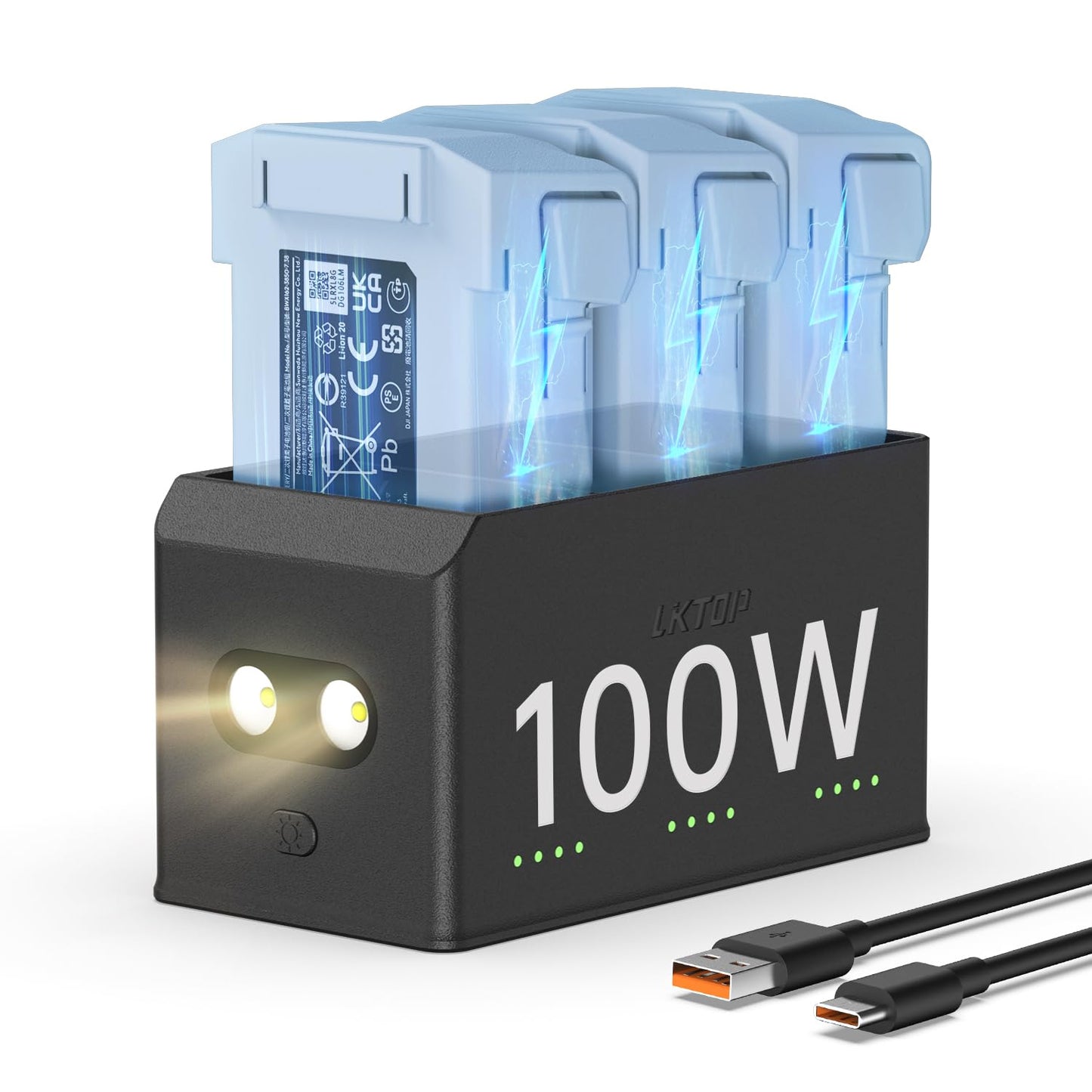 LKTOP 100W Mini 4 Pro/Mini 3 Series Battery Charging Hub (3X Fast Charging) for DJI Mini4 Pro/3 Pro/3 Drone Accessories Charger with Storage LED Lights Alarm Mode (Charge 3 Batteries Simultaneously)