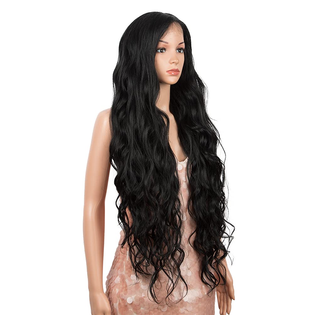 Style Icon Easy-360 Lace Wigs 36" Free Part Lace Frontal Wigs Super Long Wavy Wig Synthetic Wig (36 Inches, 1B)