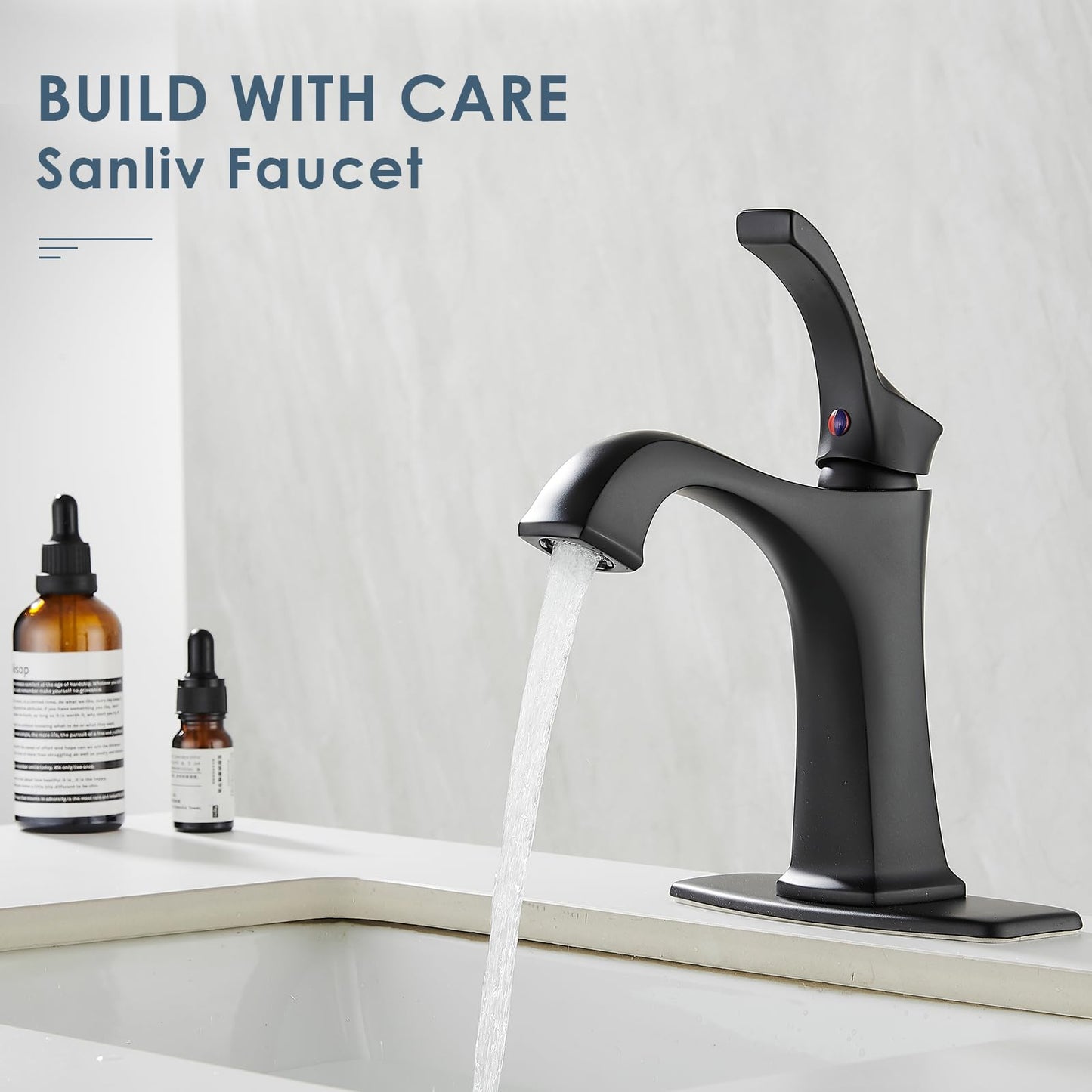 Matte Black Bathroom Faucet 1 Hole, Sanliv Single Handle Bathroom Sink Faucet, Modern Black Vanity Faucet with Deckplate & Pop-Up Drain for One or 3-Hole Farmhouse Sinks