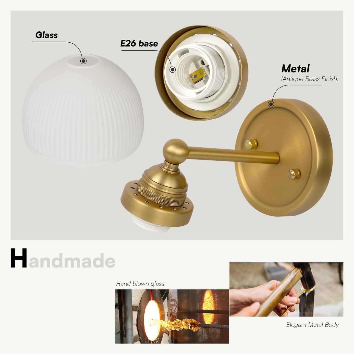 SongCiLT Vintage Wall Sconce 1-Light with White Striped Glass Globe Shade, Indoor Wall Mounted Lamp Fixture for Living Room Bedroom Kitchen Hallway