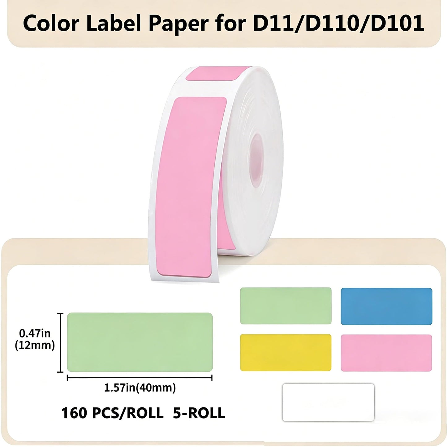 Thermal Labels Maker Tapes for D11/D110/D101 Printer,0.47" X 1.57" (12 X 40mm),160 Labels/Roll,5 Rolls(800 Pieces),Multi-Purpose Adhesive Labels for Home Office Small Business Address School