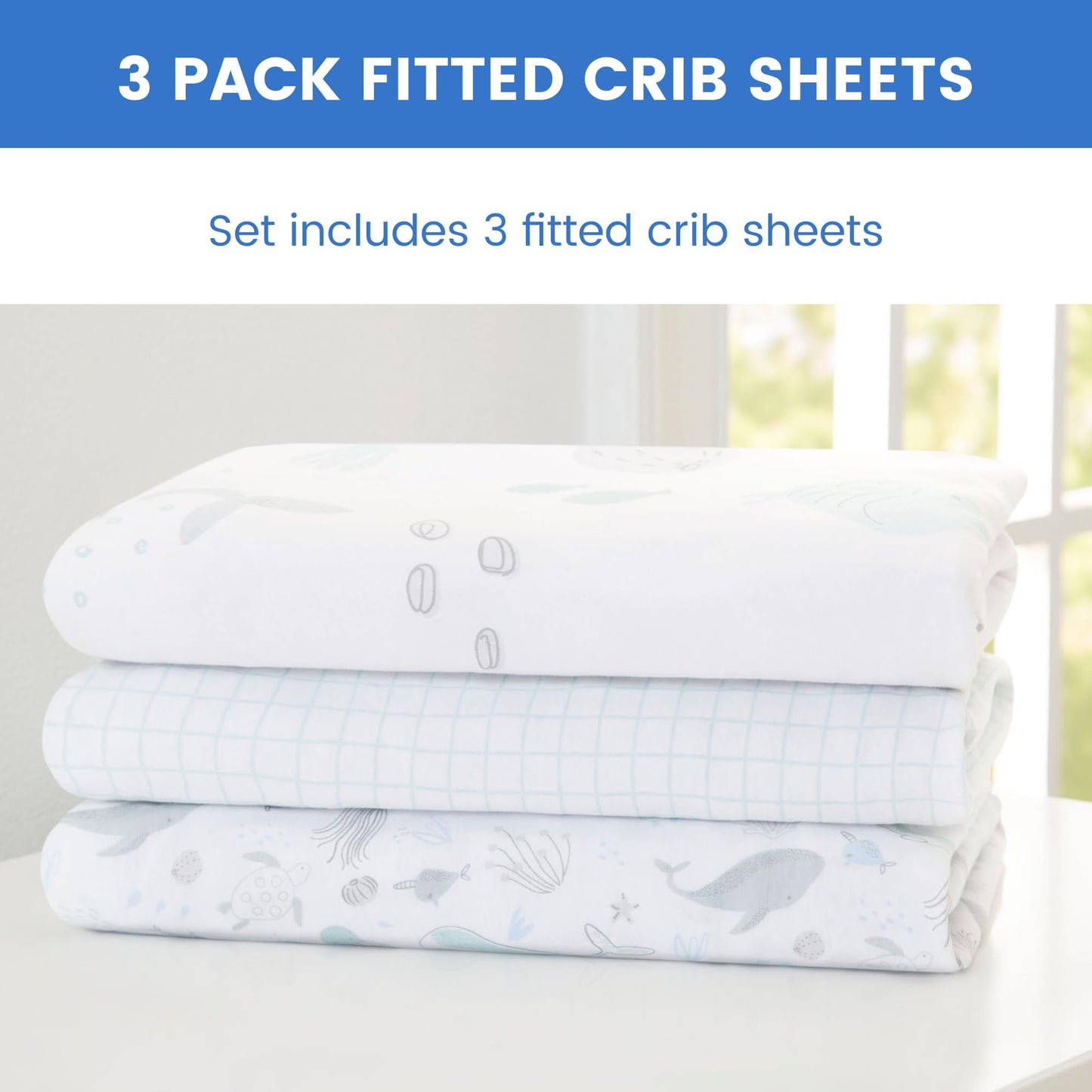 Delta Children Fitted Crib Sheets for Girls and Boys - 100% Organic Cotton Crib Sheet for Standard Crib and Toddler Mattresses - 28x52 Inch - GOTS Certified (Pack of 3), Sea Life
