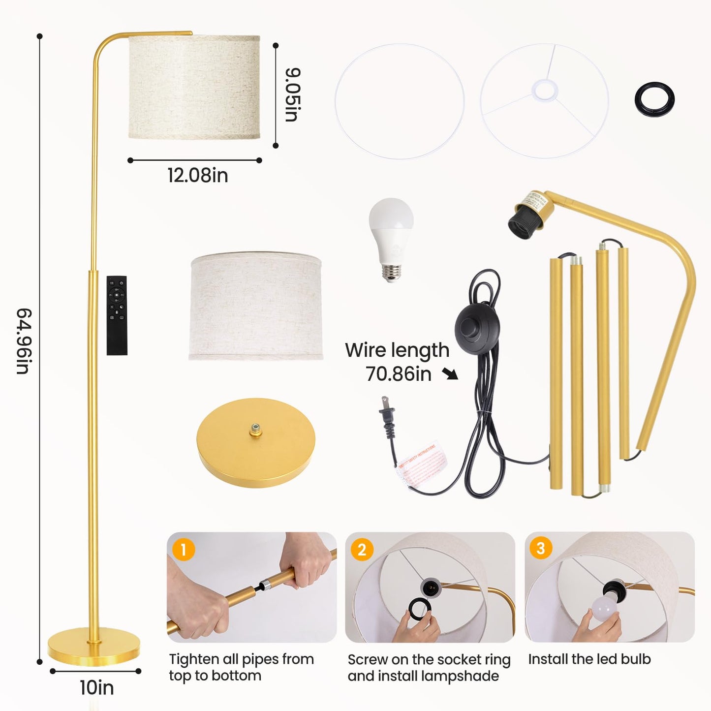 Floor Lamp for Living Room and Bedroom - Modern Standing Lamps Tall with Dimmable LED Bulb and Remote Control - Black Stand Arc Light With Shade for Reading Home Decor Corner and office（Gold）