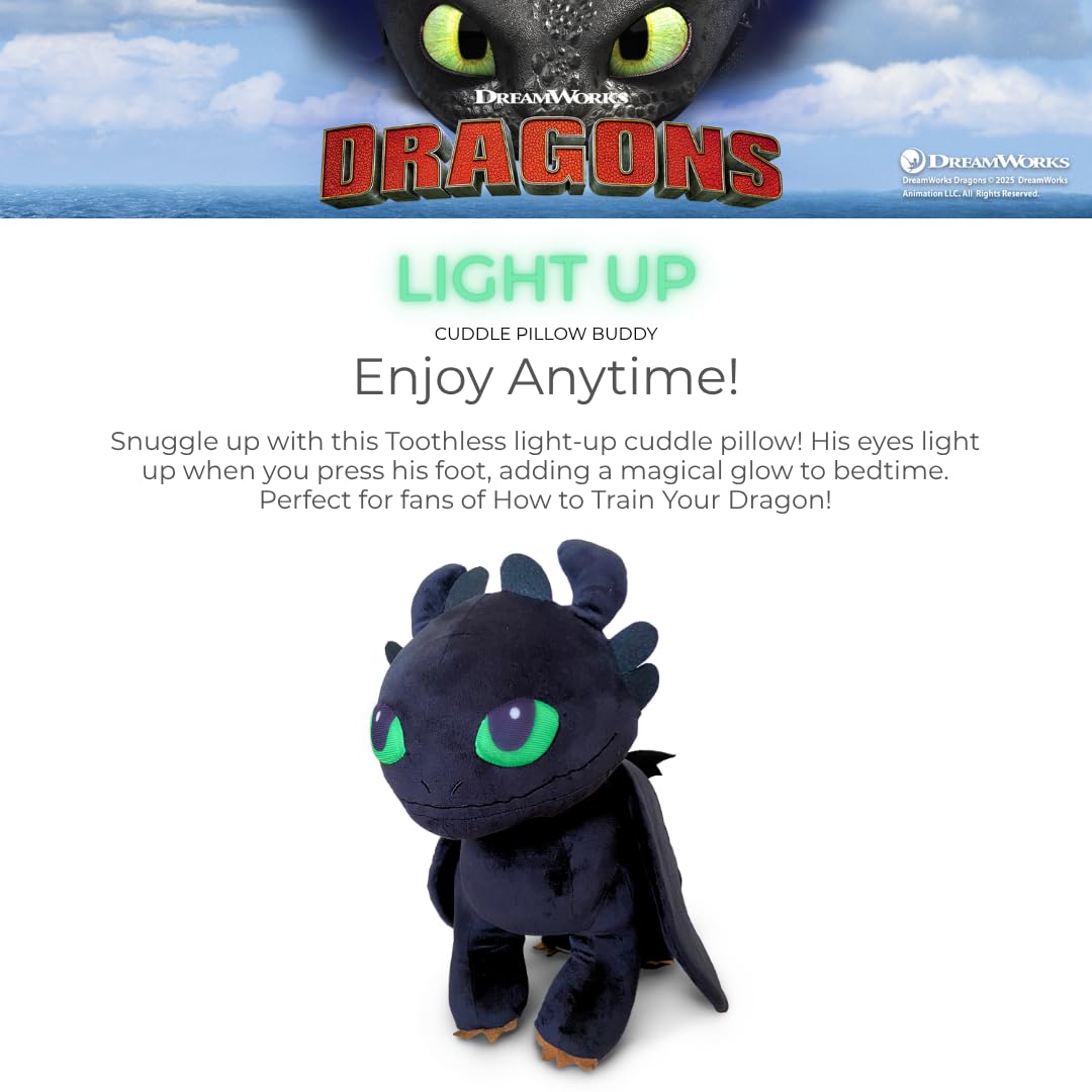 How to Train Your Dragon Toothless Super Soft Plush Cozy Cuddle Pillow Buddy with Light Up Eyes for Comfort, (Officially Licensed Product) by Franco