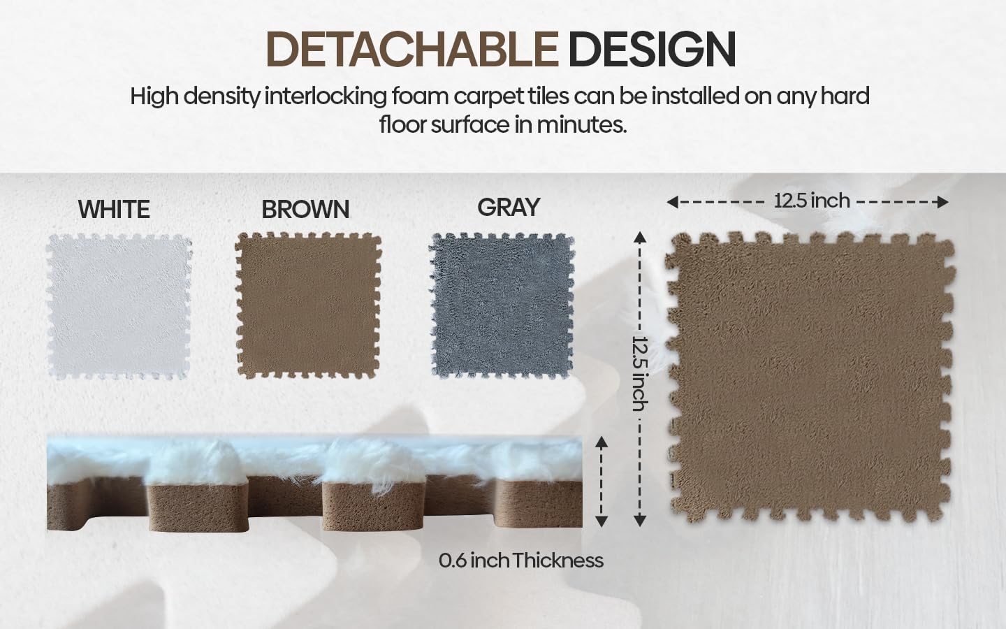 16 Piece Carpet Squares Puzzle Mat 49" x 49" Plush Interlocking Carpet Tiles, Foam Floor Tiles for Baby Play Mat - Kids Soft Play Mats Anti Slip Jigsaw Flooring Playmat Playroom Rug (Brown,Gray,White)