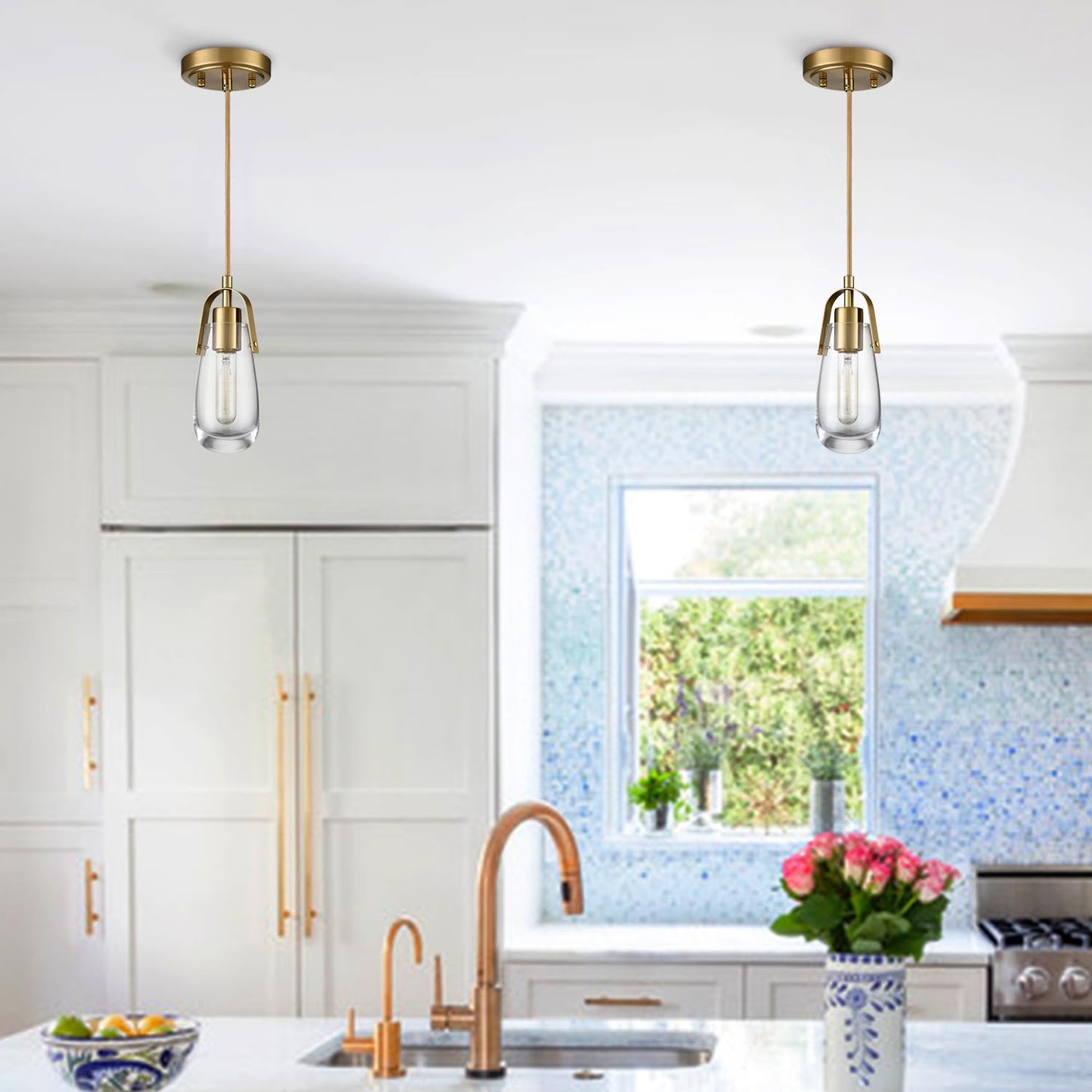 DEYNITE Industrial Home Pendant Light Fixtures Brass Hanging Light with Clear Glass for Kitchen Island