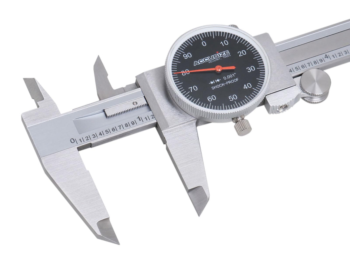 Accusize Industrial Tools 0-6" x 0.001" (Range x Resolution) Dial Caliper, Black Face Red Needle, Stainless Steel in Fitted Box, P920-B216