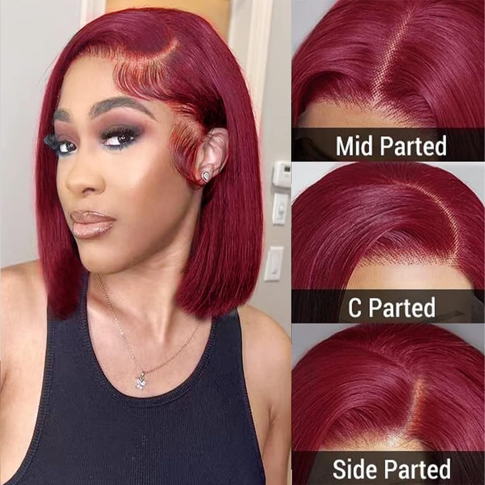 Mysyty Burgundy Bob Wigs Human Hair Natural Hairline13x4 Straight Short Bob Wig for Woman Wine Red Glueless Bob Wig Human Hair Pre Plucked 180% Density 14 Inch