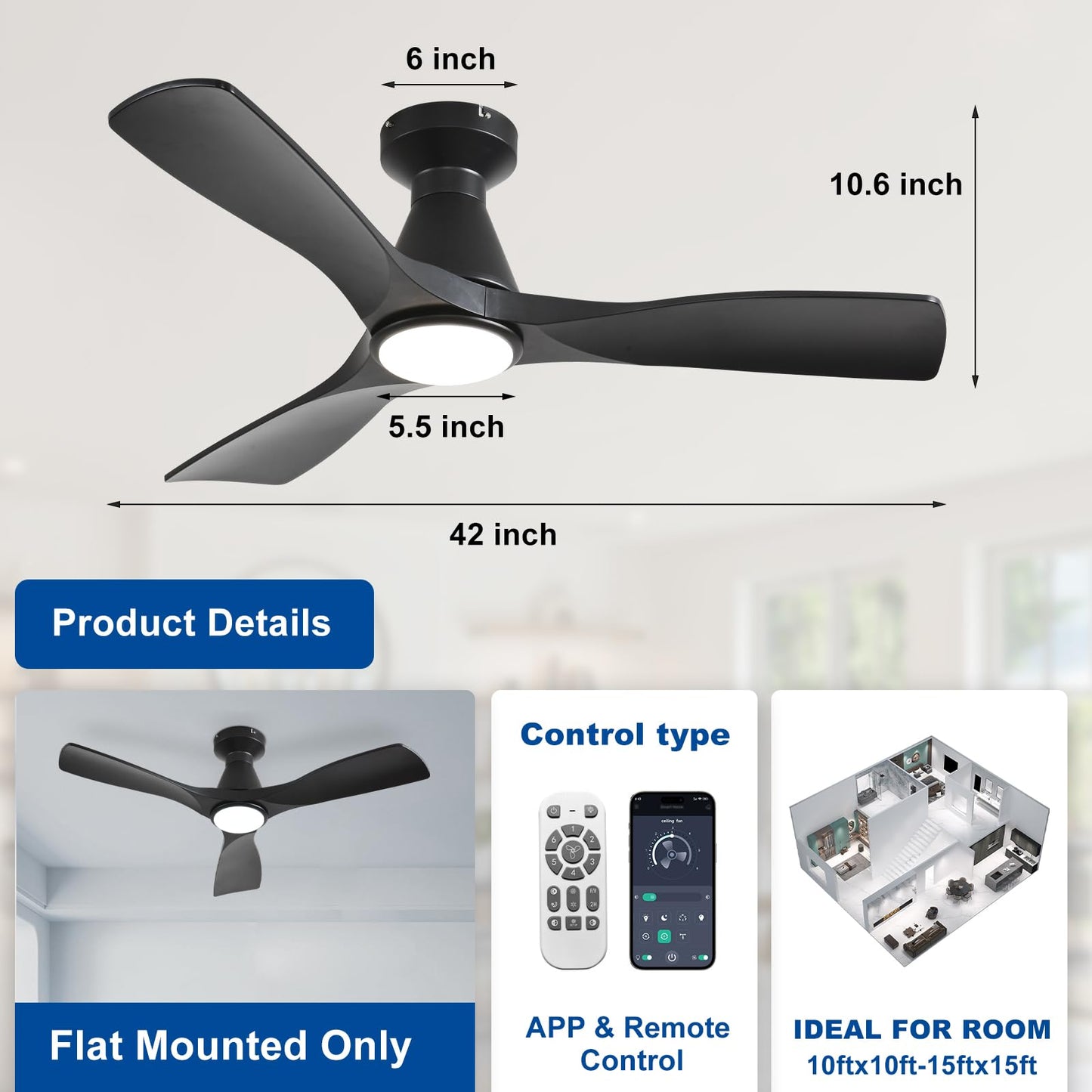 Depuley 42-Inch Ceiling Fans with Lights: Black 3 Blade Flush Mount Low Profile Ceiling Fan for Bedroom - Dimmable Indoor Outdoor Fan with Remote APP Control Ultra Quiet DC Motor Timer