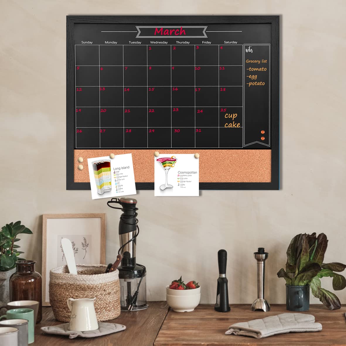 Umtiti Chalkboard Calendar and Bulletin Combo Board. 18" x 22" Black Wooden Frame，Magnetic Chalkboard.Perfect for Office, Home School Message Board，HBZHB-BK4555-US