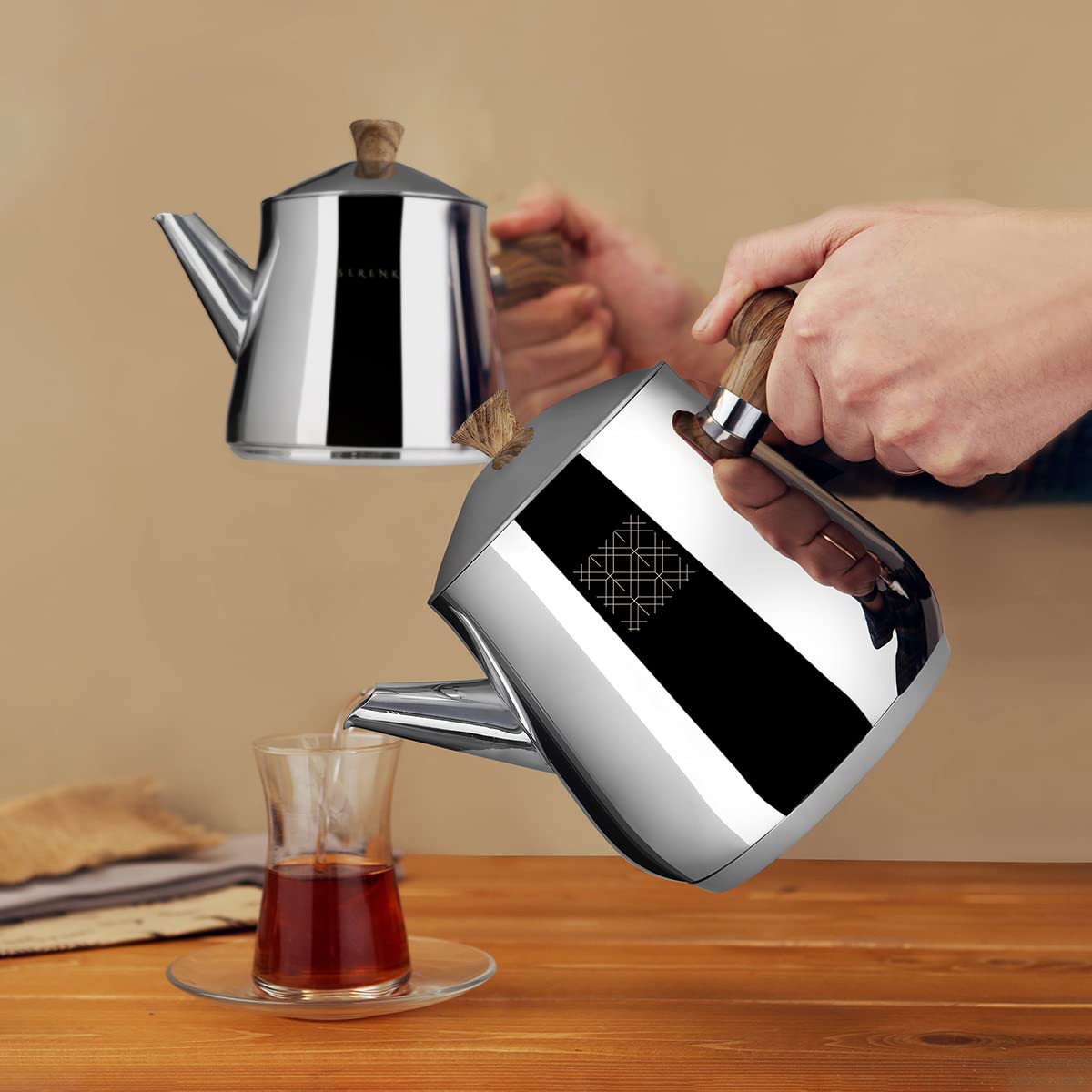 Serenk Definition Stainless Steel Teapot Set, 1L Teapot & 2L Lower Pot, Double-Stacked Design, Induction Compatible, Mirror Polished Finish, Tea Kettle for Home