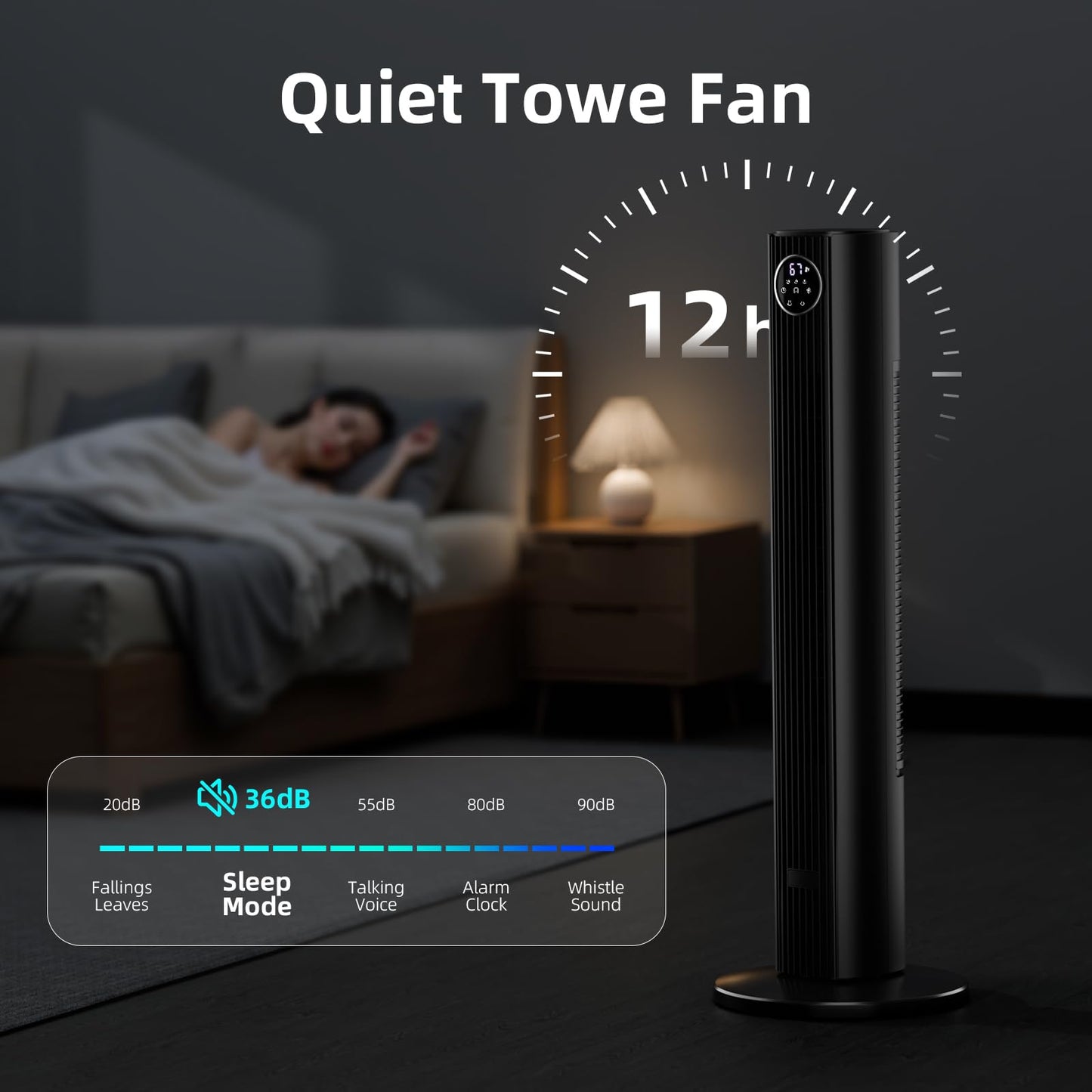 Antarctic Star Tower Fan Portable Floor Fans 85°Oscillating Fan Quiet Cooling 12H Timer Remote Control Standing Bladeless Electric 3 Wind Speeds 4 Modes Bedroom Office,36 inch, Black