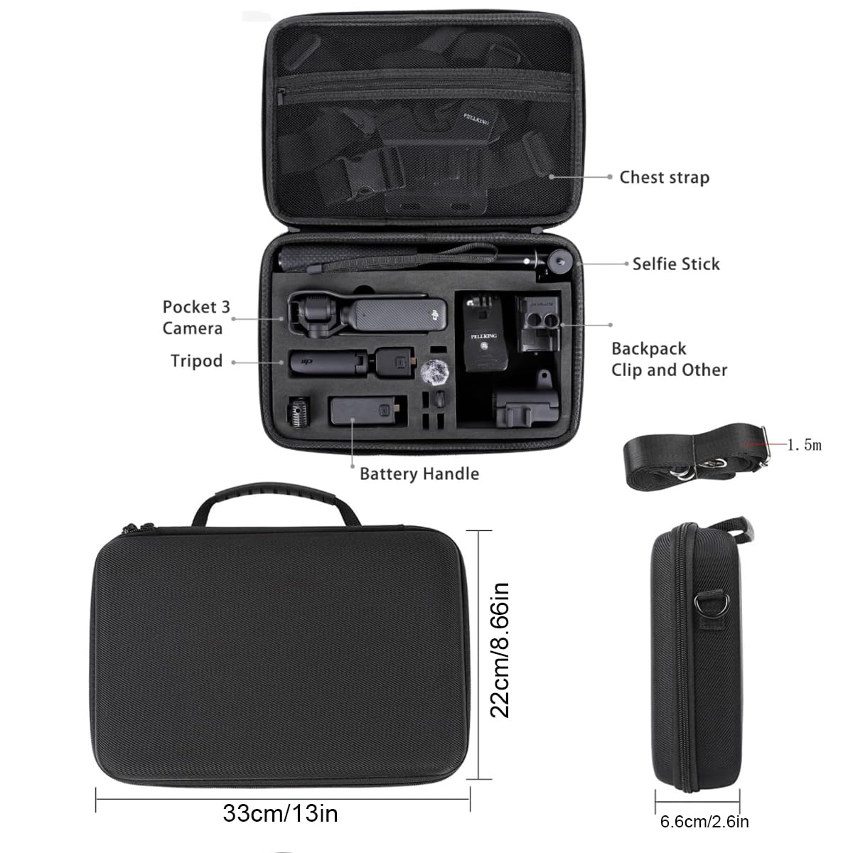 PellKing 21 in 1 Accessories Kit for OSMO Pocket 3,Including Hard Shell case,Magnetic Mount,Desktop Base Mount,Selfie Stick,Tripod,Chest Mount,Mobile Phone Holder,Screen Protector,Backpack Clip