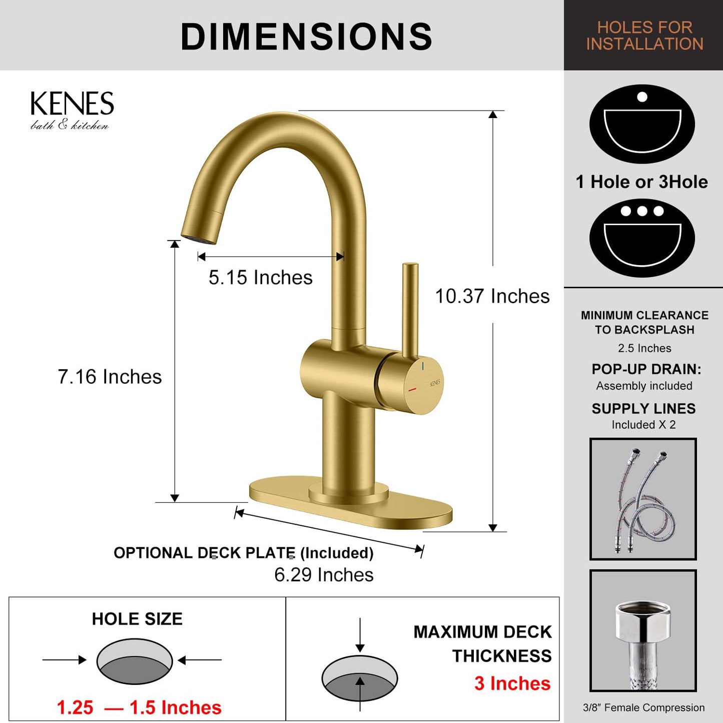 KENES Brushed Gold Single Handle Bathroom Faucets Modern Prep Wet Bar Sink Faucets Bathroom Sink Faucet with Drain Assembly & Deck Plate, Farmhouse RV Camper Outdoor Utility Faucet, KE-9005B-4