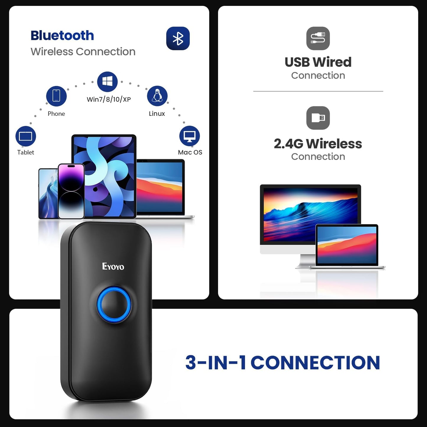 Eyoyo Mini 1D Bluetooth Barcode Scanner, 3-in-1 Bluetooth & USB Wired & 2.4G Wireless Barcode Reader Portable Bar Code Scanning Work with Windows, Android, iOS, Tablets or Computers