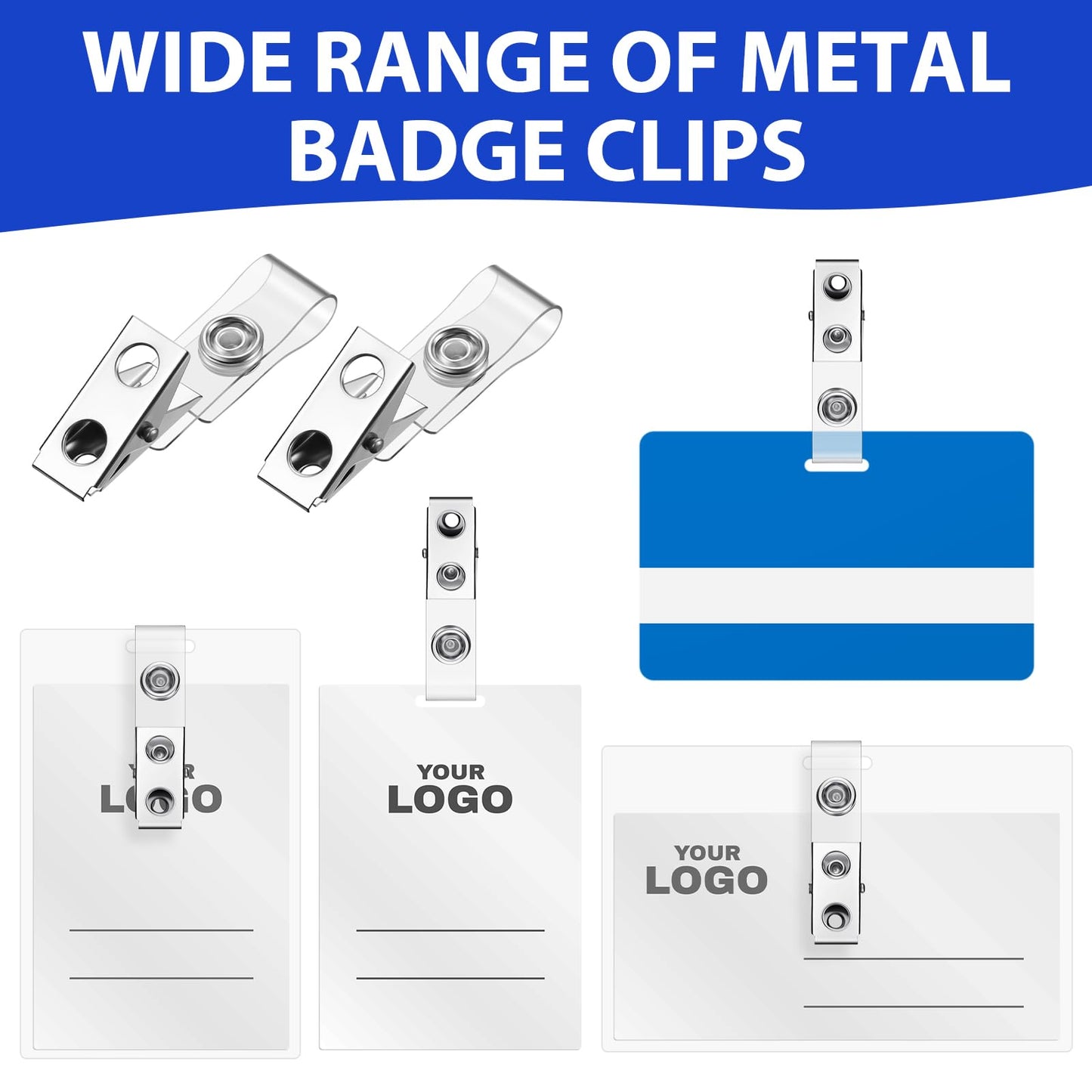Seajan 1000 Pcs Metal Badge Clips Double Hole Name Tag Clips with Clear PVC Straps for ID Cards Badge Holders Office School Supplies