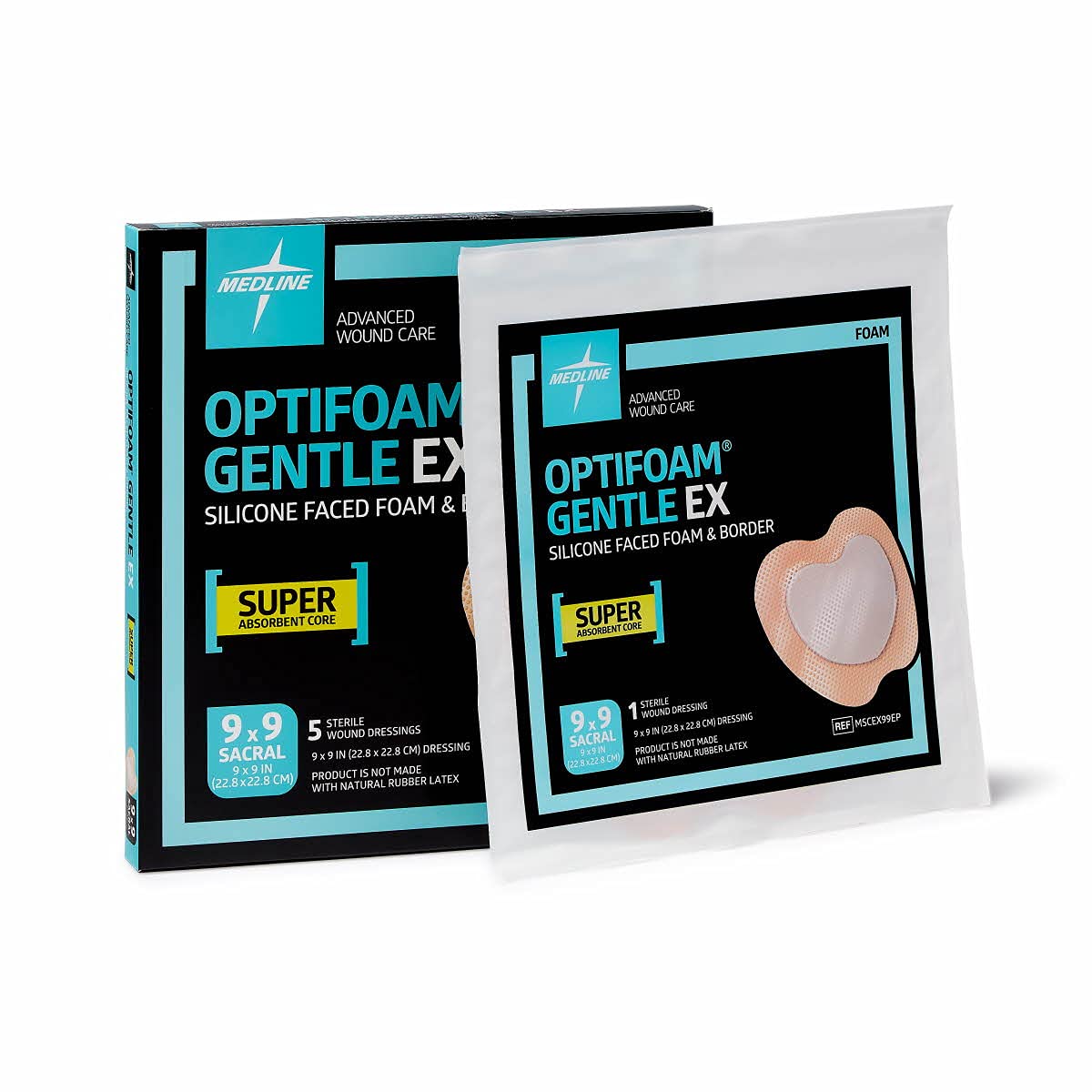 Medline Optifoam Gentle EX Bordered Foam Adhesive Dressing, 9" x 9" Sacral (5 Count)