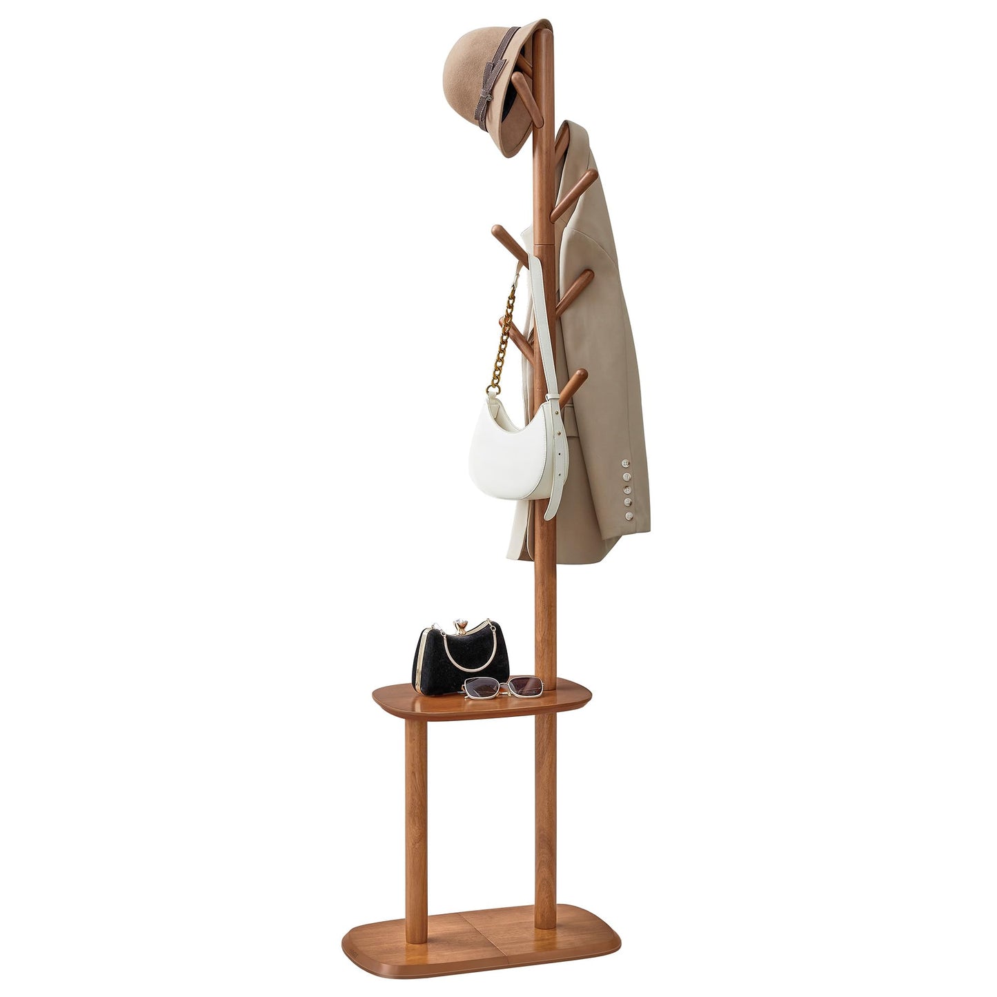 VASAGLE Coat Rack, Free Standing Coat Stand, Hall Coat Tree with 8 Hooks and Storage Shelf, 67.2 Inch Tall, for Coats, Hats, Bags, for Entryway, Hallway, Bedroom, Caramel Brown URCR040K01