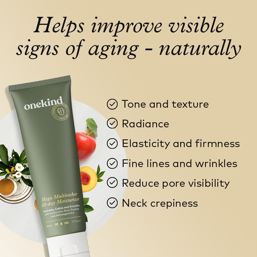 Onekind Mega Multitasker All-day Moisturizer, Corrective Anti-Aging, Lightweight, Non Greasy Hydration with Hyaluronic Acid & Ashwagandha, Quick Absorbing Erases Fine Lines & Wrinkles, for Men & Women
