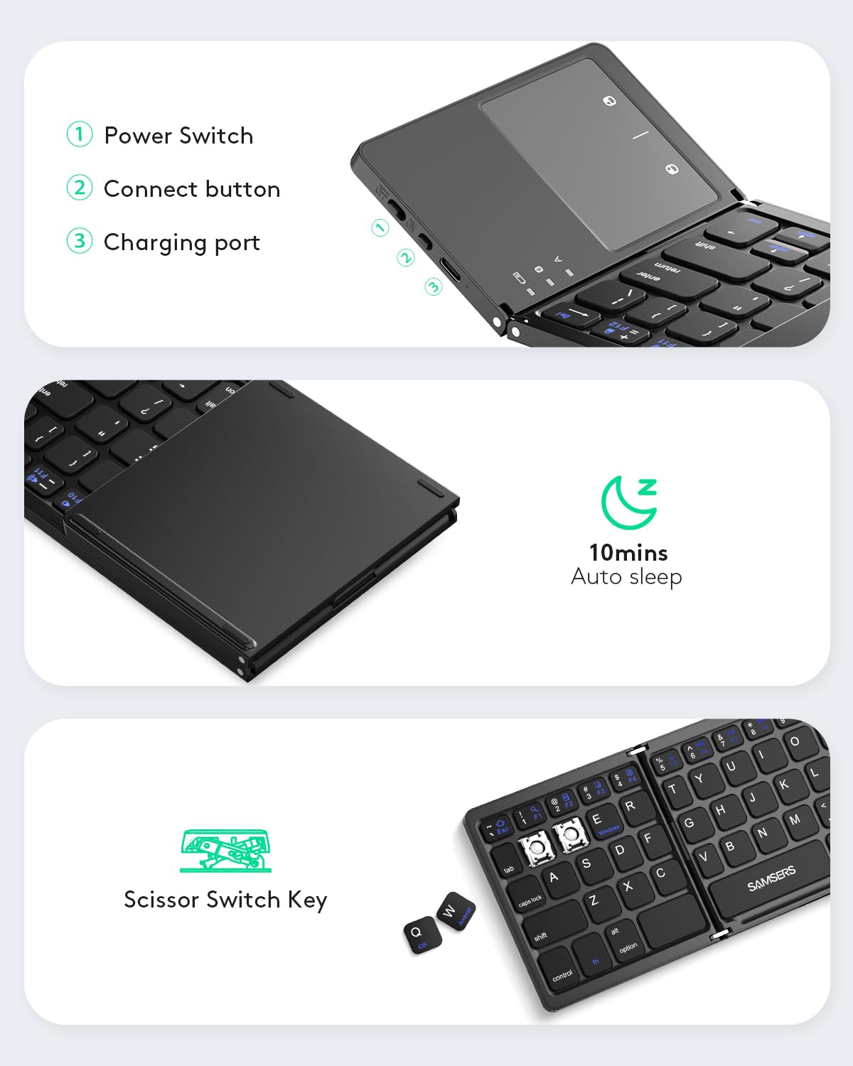 Samsers Foldable Bluetooth Keyboard with Touchpad - Portable Wireless Keyboard with Holder, Rechargeable Full Size Ultra Slim Pocket Folding Keyboard for Android Windows iOS Tablet & Laptop - Black