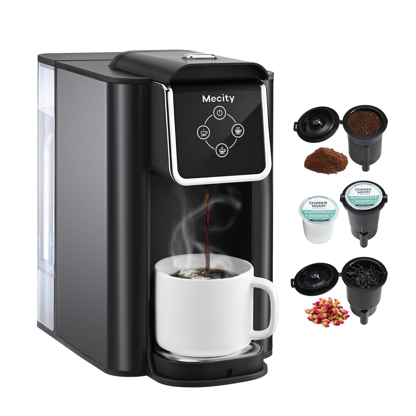 Mecity Coffee Maker 3 in 1 Single Serve Coffee Machine, Compatible with K cup Capsules, Instant Coffee Pot, Tea maker, 6,8,10 Oz Cup, Removable 50 Oz Water Reservoir, 120V 1150W, Dark Grey