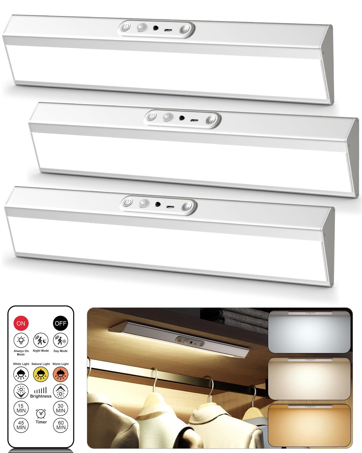 LENOMA Motion Sensor Closet Lights, Eye Protection Design with Remote, 3 Color Temps & Dimmable, Rechargeable Magnetic Cabinet Lighting for Kitchen, Wardrobe, Shelf, Pantry