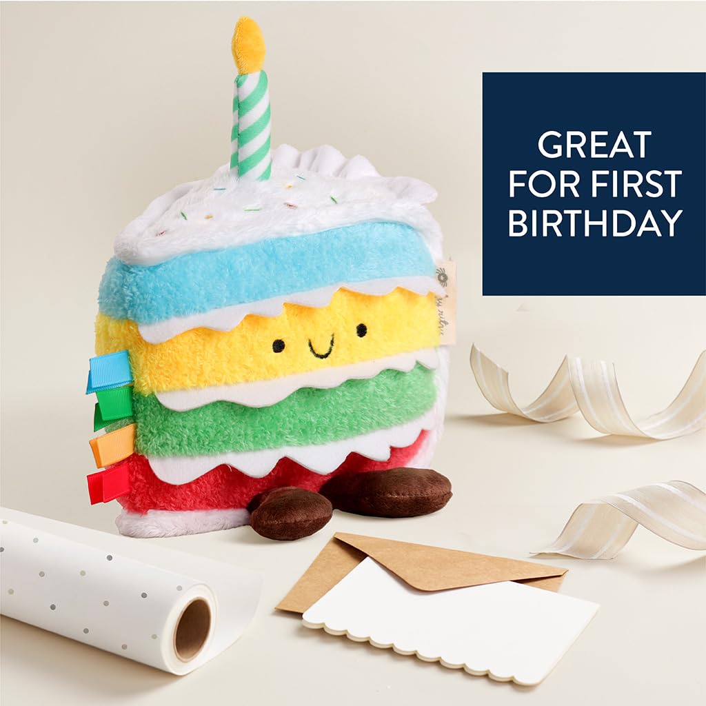 Itzy Ritzy Snuggles Plush Toy – Soft Stuffed Animal for Babies, Kids & Adults – Sensory Ribbons & Textured Fabrics for Tactile Play – Cozy & Cuddly Companion for Newborns & Up (Birthday Cake)