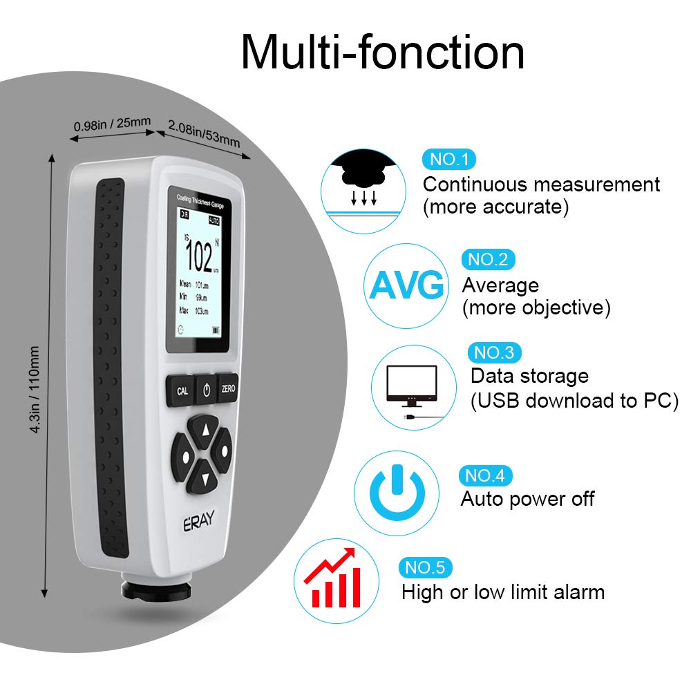 ERAY Mil Thickness Gauge, Coating Thickness Gauges, Paint Depth Gauge Meter with Backlight LCD Display for Car Automotive, Limit Alarm/Data Storage/Export Data/PC Software Analysis (Grey)