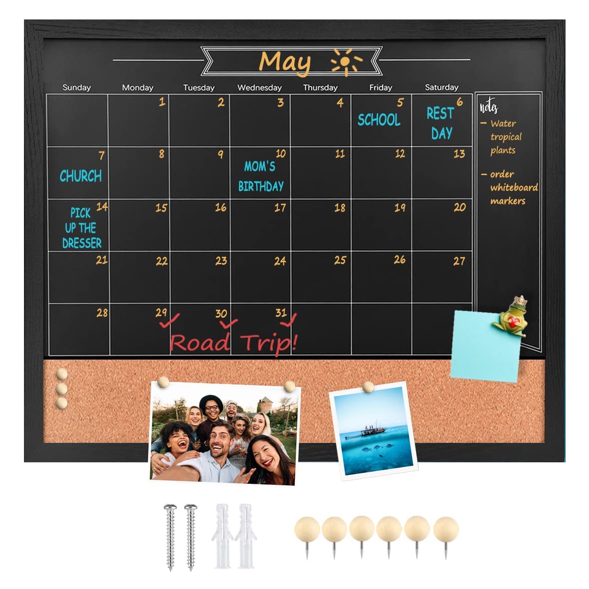 Umtiti Chalkboard Calendar and Bulletin Combo Board. 18" x 22" Black Wooden Frame，Magnetic Chalkboard.Perfect for Office, Home School Message Board，HBZHB-BK4555-US
