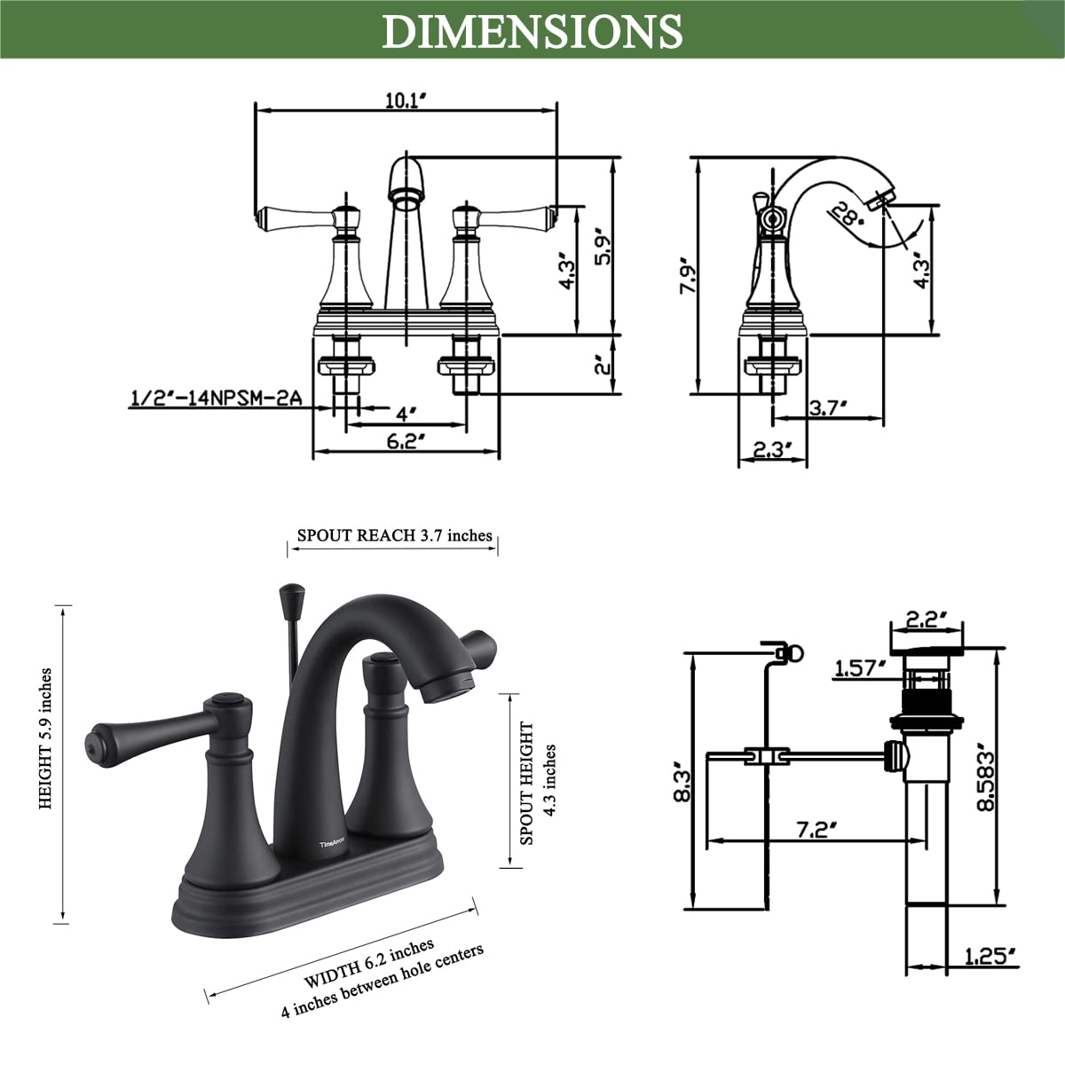 Matte Black 4 Inch Bathroom Sink Faucet 3 Hole, 2 Handle Centerset Bathroom Faucet with Metal Casting Spout, Modern RV Farmhouse Vanity Faucets, Include Drain with Overflow and Lift Rod, TAF410Y-MB