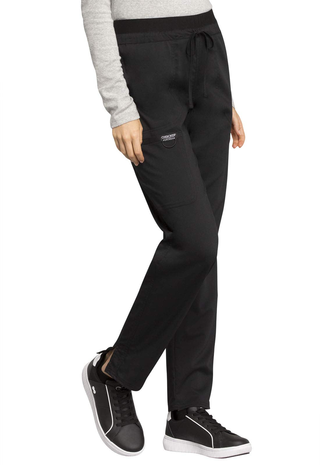 Cherokee Scrub Pants for Women Mid Rise Tapered Leg Drawstring Bottom WW105, L, Black