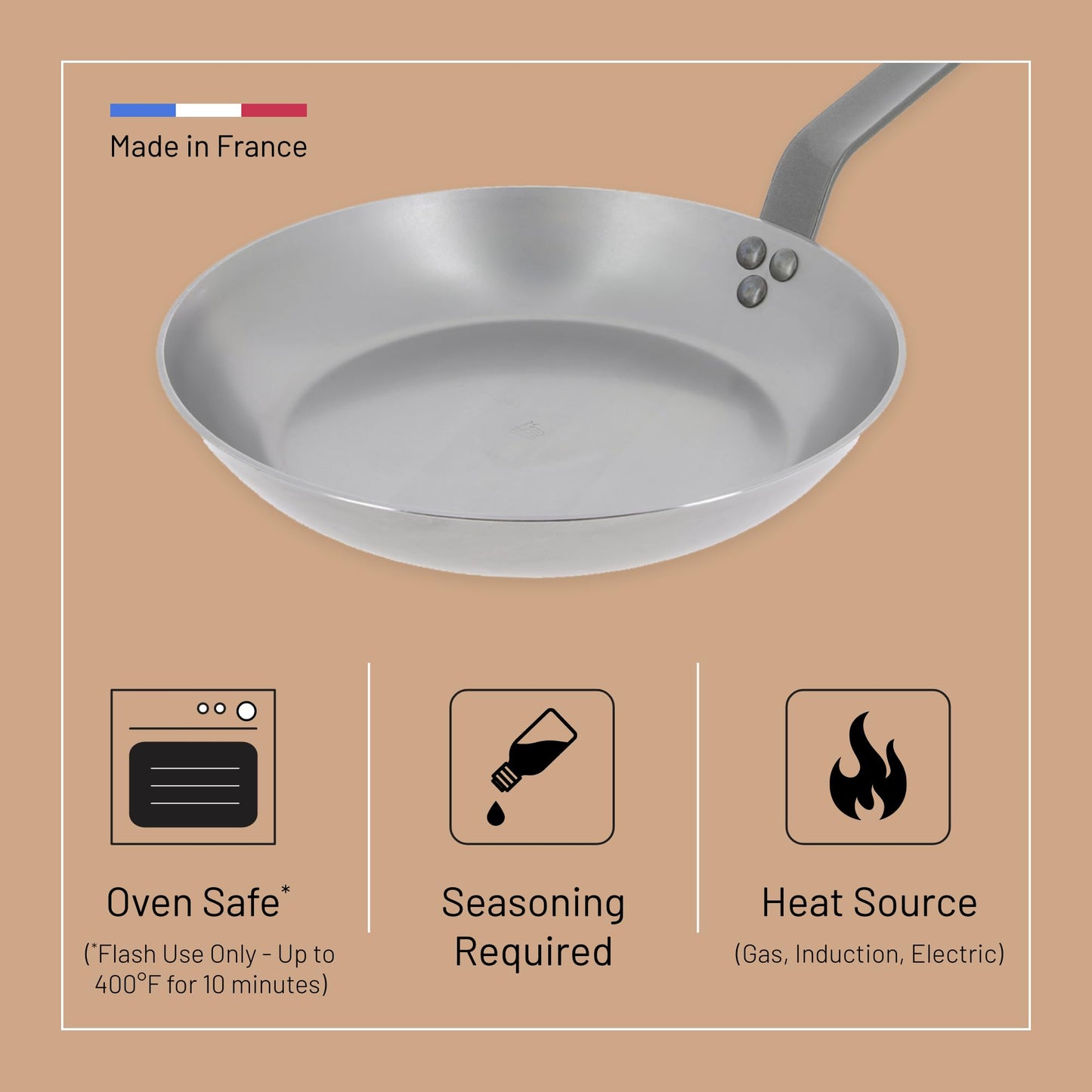 De Buyer MINERAL B Carbon Steel Fry Pan - 9.5” Diameter, 6.9” Cooking Surface - Ideal for Searing, Sauteing & Reheating - PFAS, PFOA & PFOS Free - Made in France