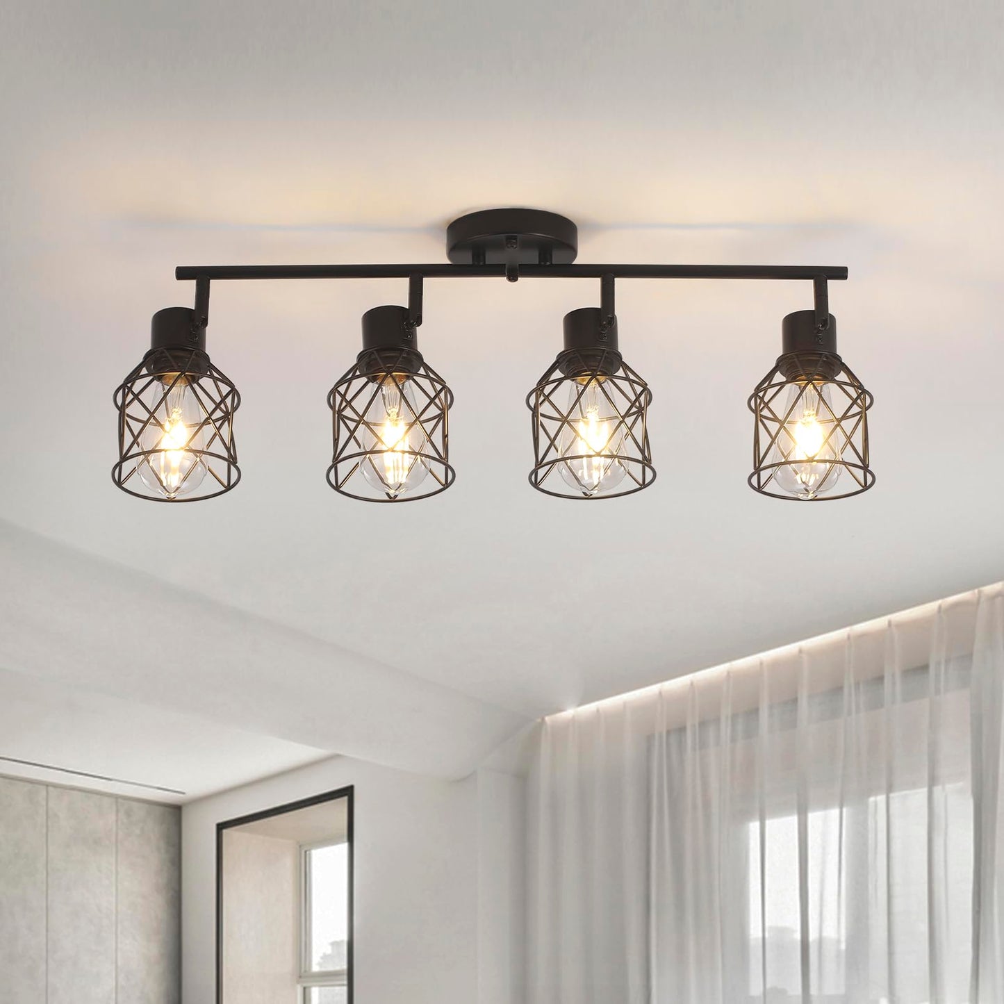 BUXVRCS Adjustable Multi-Directional Black Light Fixtures, Semi Flush Mount Ceiling Light, Kitchen Light Fixtures Ceiling Mount, Geometric Metal Cage Industrial Spotlight Fixtures for Dining Room