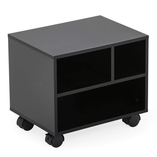 FITUEYES Mobile Printer Stand with Storage, Under Desk Black Wood Small Rolling Printer Table Work Cart with Wheels and 3 Compartment Organizer Spaces for Home Office, 15.7 x 11.8 x 13.8
