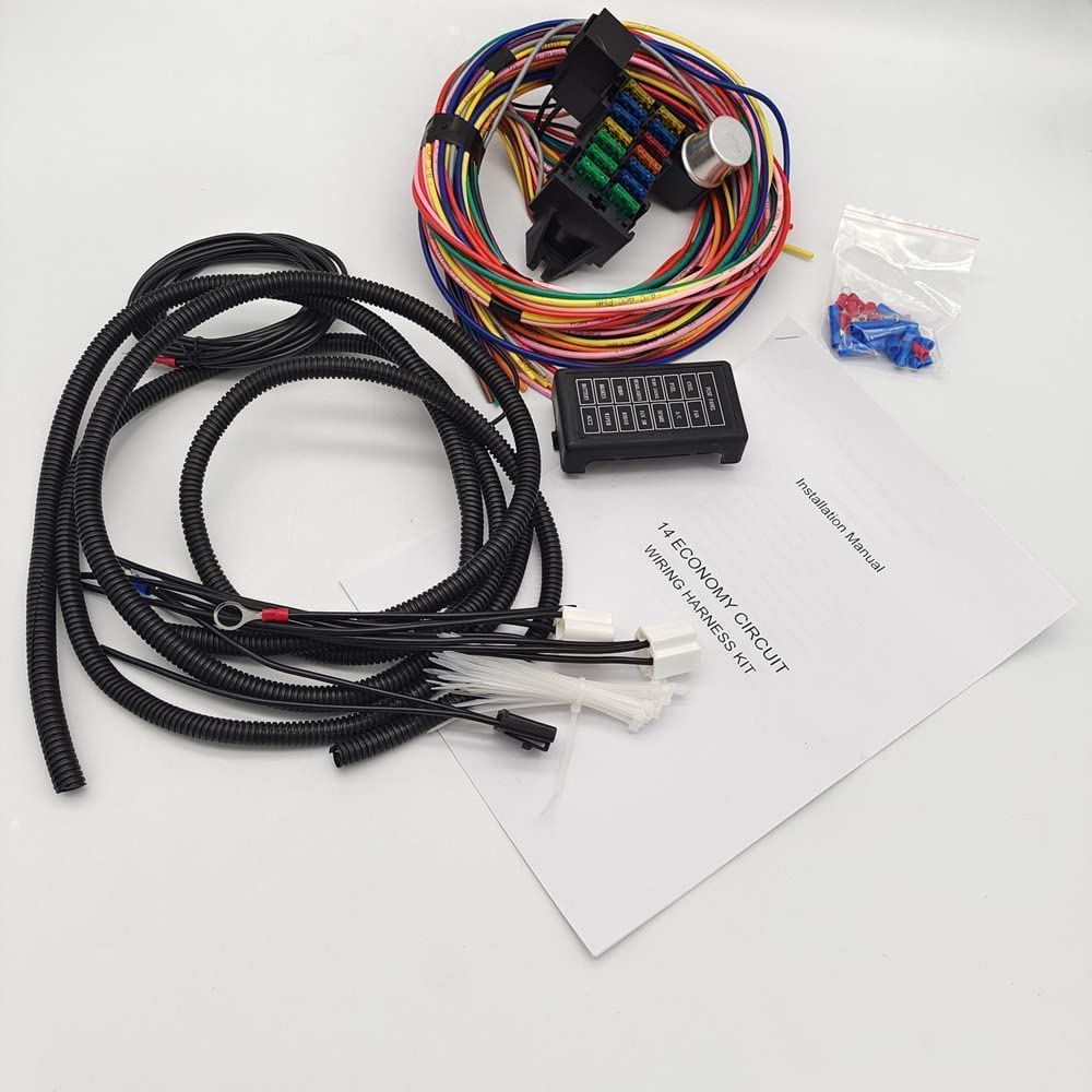 WZruibo Wiring Harness 14 Circuit Universal,Circuit Wiring Harness Kit 14 Fuse for Street Muscle Car, Hot Rod Wire Harness 12-14 Circuit Street Rod