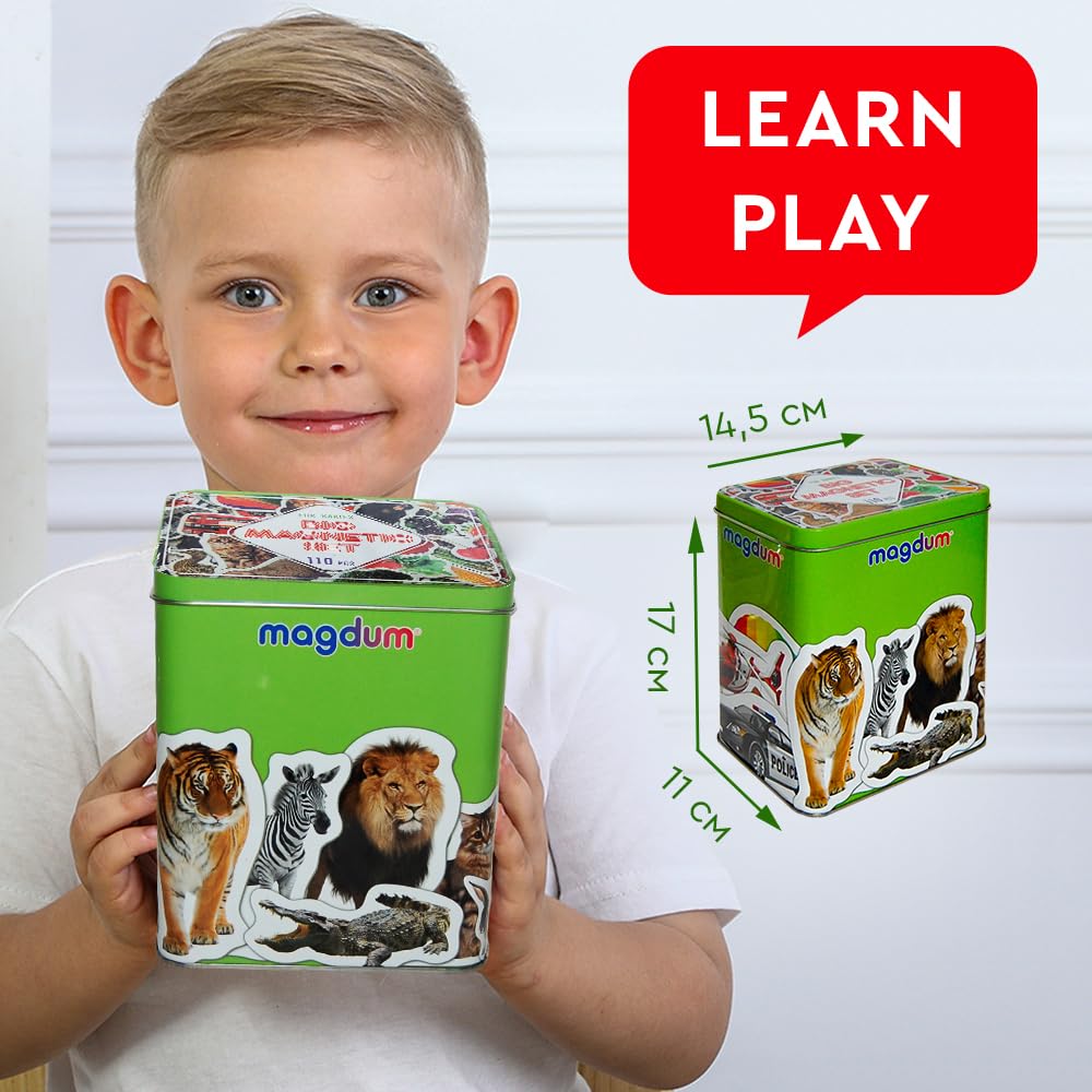 Kids Animal Fridge Magnets - 110 Pcs in Gift Tin Box - Magnetic Animals for Toddlers