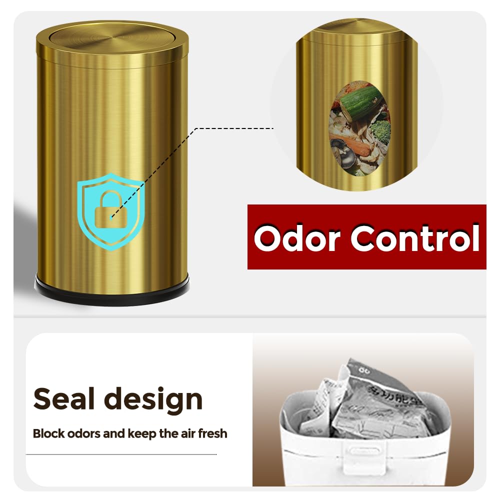 LEASYLIFE 9 Liter/2.4 Gallon, Small Gold Trash can with Swing lid, Brass Bathroom Trash can, Bedroom Garbage bin,Trash bin for Office, Living Room,Bathroom，Restaurant Bathroom