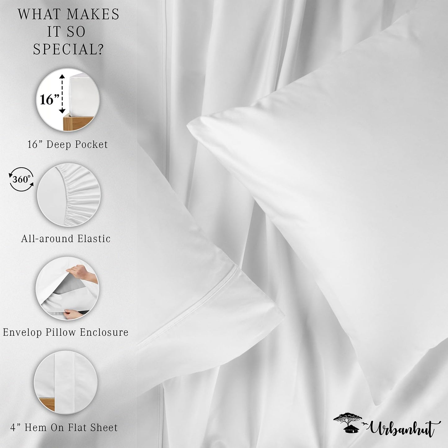 URBANHUT 700 Thread Count Egyptian Cotton Sheets King Size, 4Pc Sheet Set Soft Luxury Bed Sheets for King Size Bed, Sateen Weave Hotel Sheets, 16'' Elasticized Deep Pocket - White