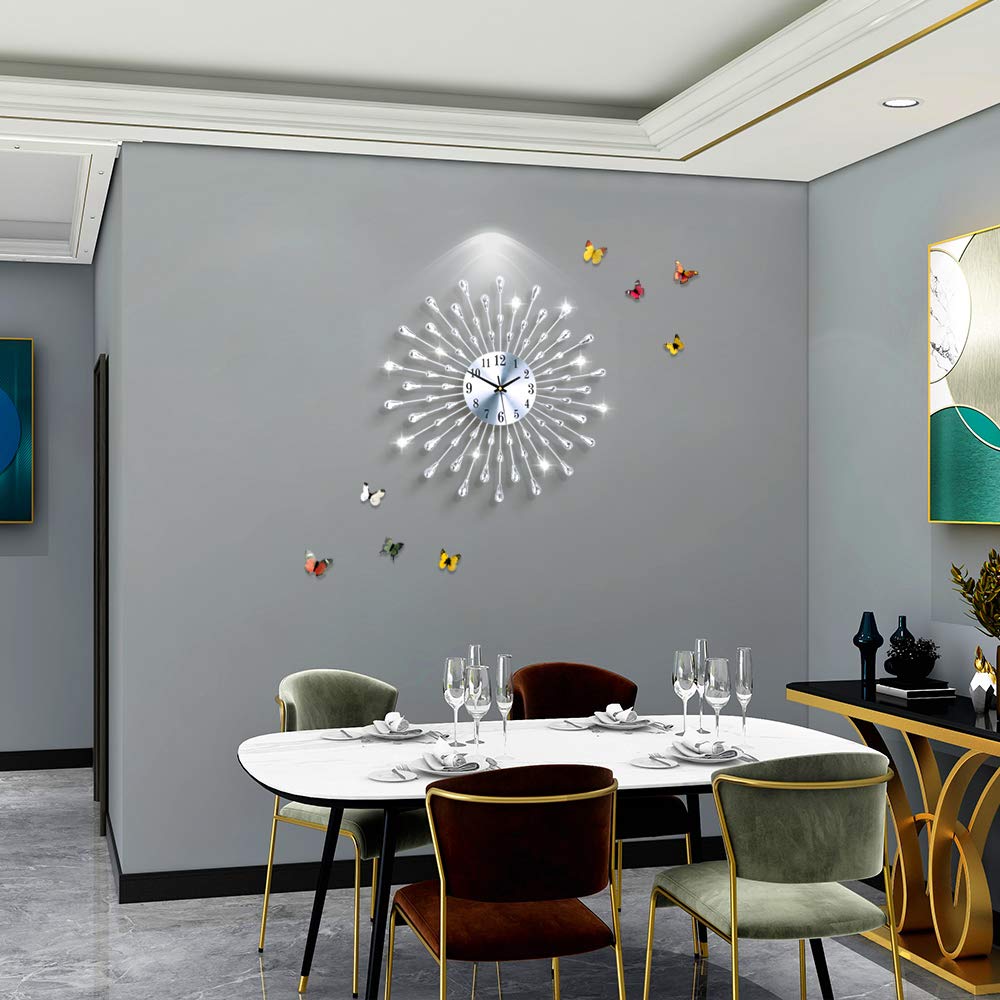 FLEBLE Large Wall Clocks for Living Room Decor Modern Silent Wall Clock Battery Operated Non-Ticking for Bedroom Kitchen Office Home Decoration 20 Inch Silver Drop Crystal Wall Watch for Indoor