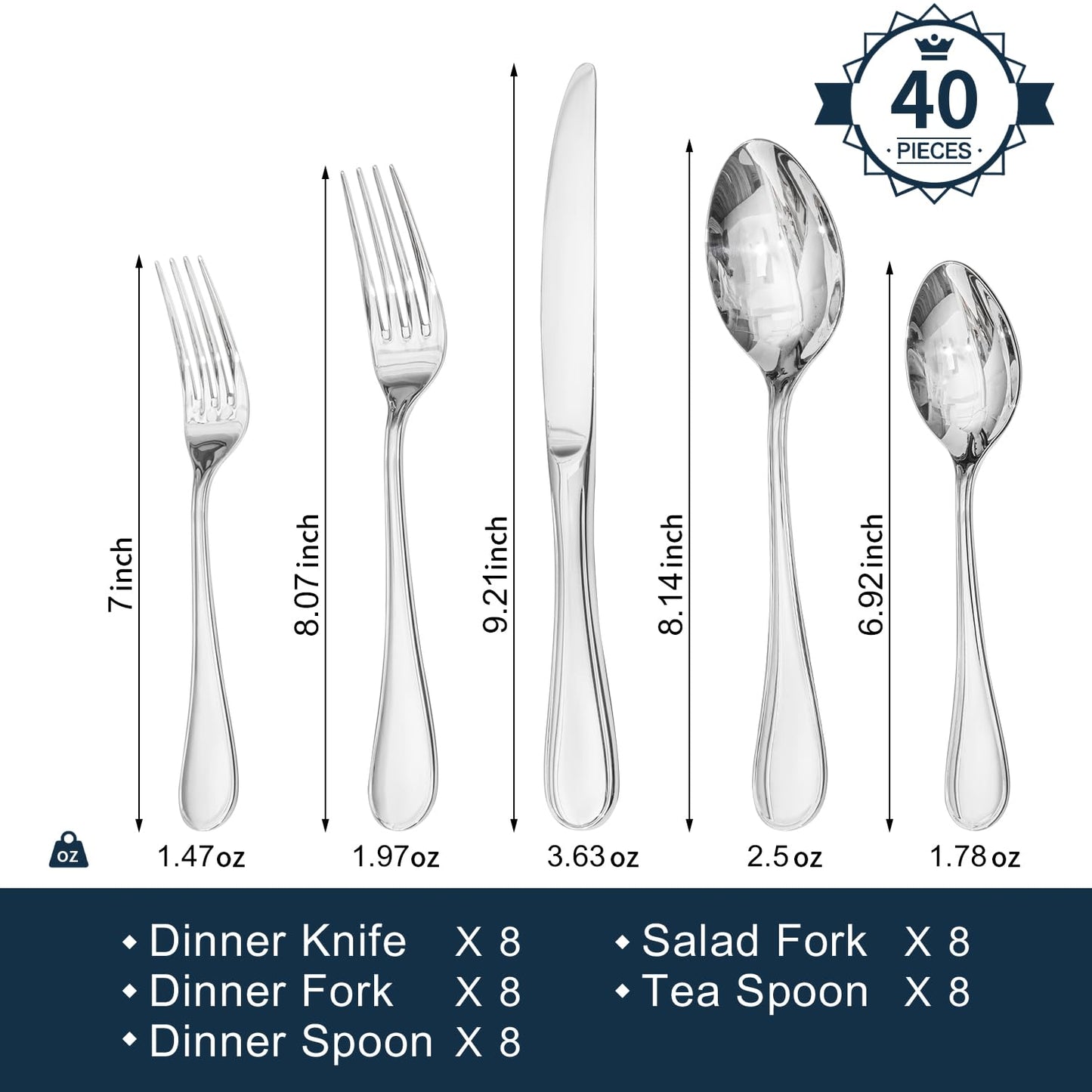 KINGSTONE 40 Piece Teardrop Silverware Set for 8, 18/10 Stainless Steel Flatware Set, Modern Design Cutlery Set for Home/Hotel/Wedding,Mirror Polished and Dishwasher Safe