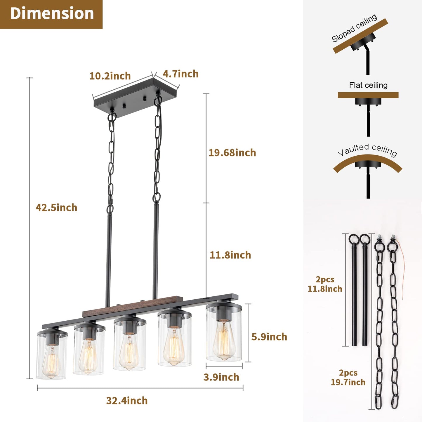 2025 Upgraded Kitchen Island Lighting, 5-Light Dining Room Light Fixtures Over Table Kitchen Island Lights with Rustic Wood Frame Farmhouse Chandelier for Dining Room, 32.4" Black Clear Glass Shades
