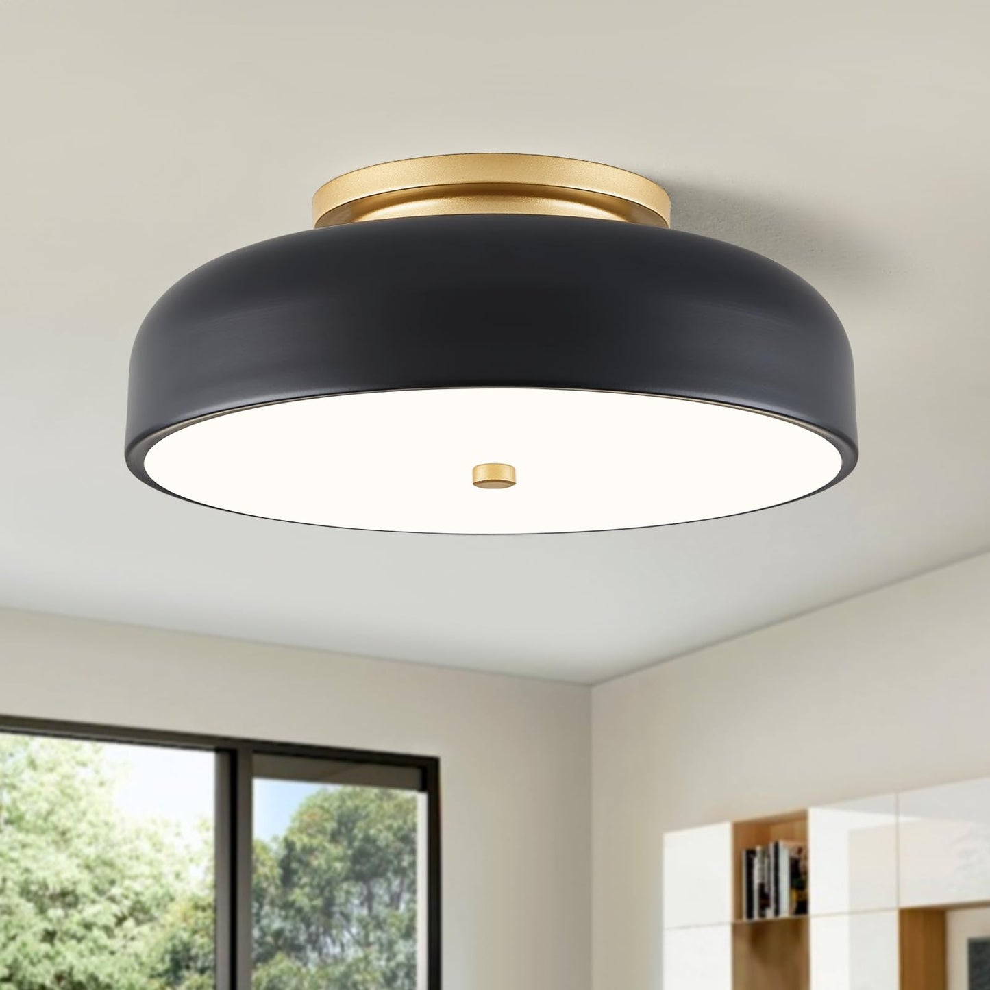 ONESMING Dimmable LED Ceiling Light Fixture, 2700K-6000K 5CCT Modern Mid-Century Semi Flush Mount Ceiling Light, Black Close to Ceiling Lamp for Kitchen, Laundry Room, Bedroom, Hallway, 11.8in