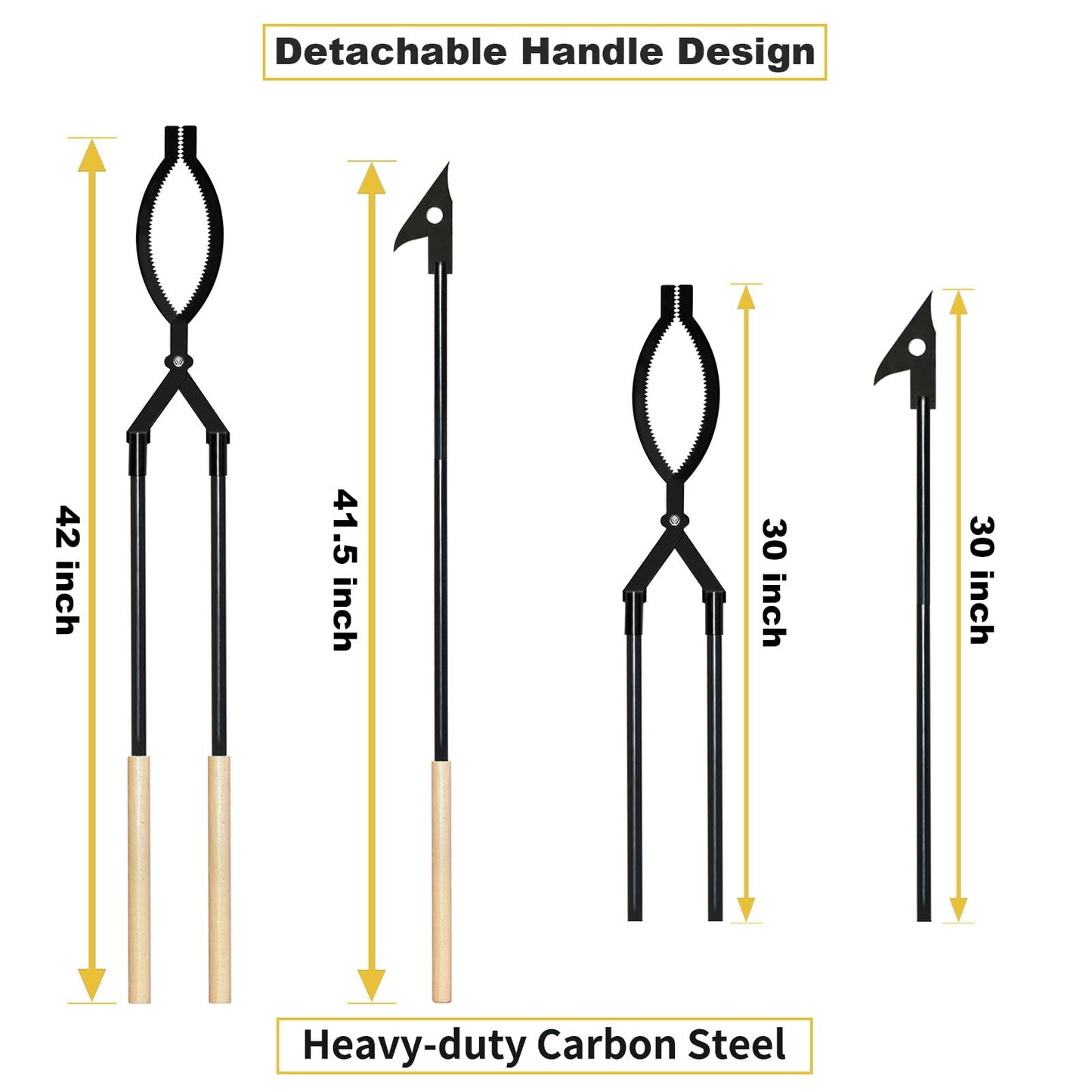 USENIOR 42" Fire Tongs Firewood Log Grabbers and Fire Poker Set, Portable Detachable Heavy Duty Large Fire Tongs Fire Poker Tools Set for Fire Pit, Fireplace, Camping, Bonfires Outdoor/Indoor