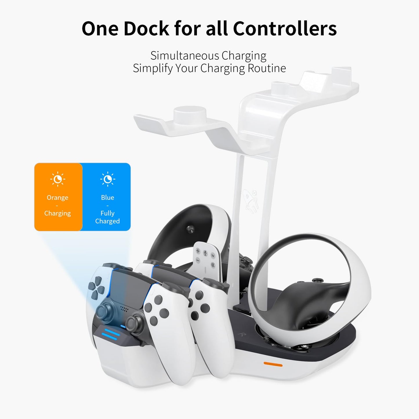 4-in-1 Controller Charging Station for PSVR2 and PS5, Dual Charging Dock with VR Headset Display Holder and Headphone Rack, LED-Charging Indicator, AC Power Adapter, RGB Lights, 3 Magnetic Connector