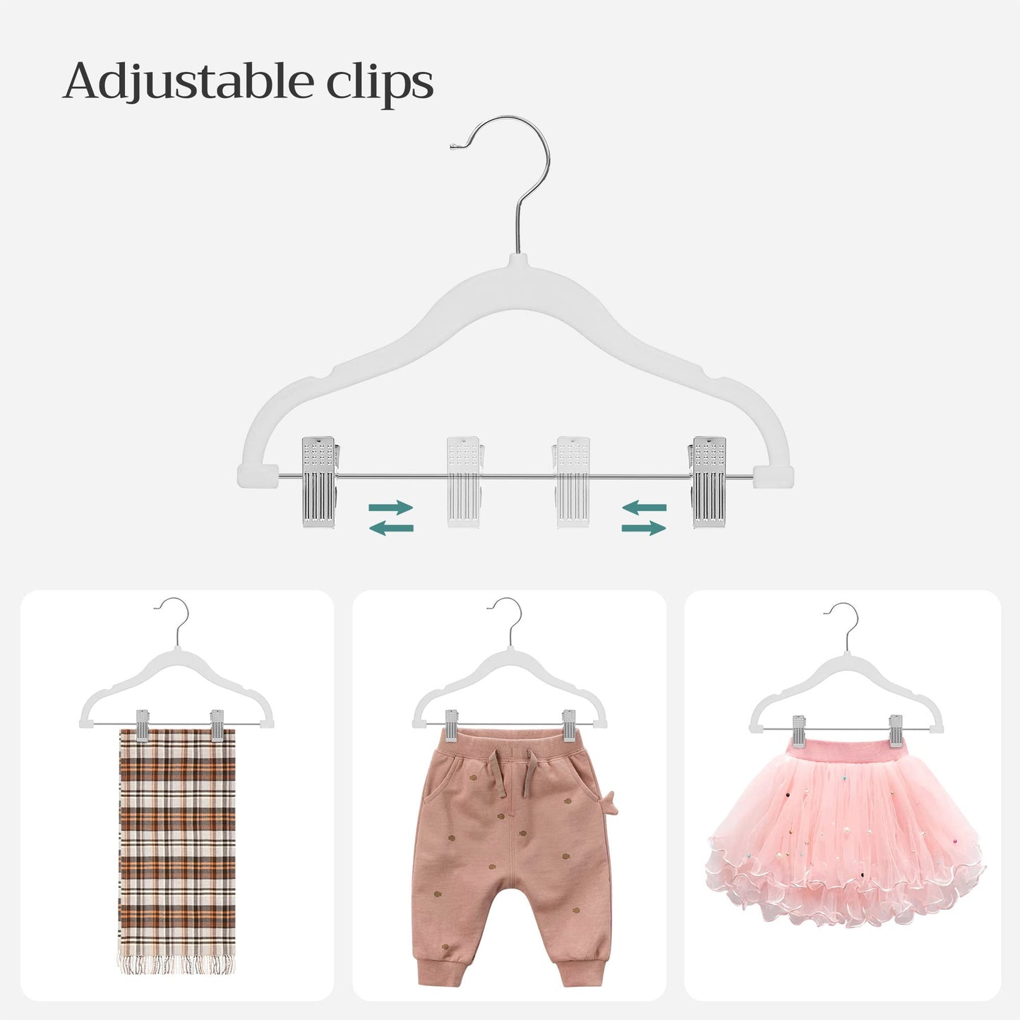 SONGMICS 30 Packs Baby Pants Hangers with Clips, Kids Hangers with 6 Clothes Dividers, Non-Slip Children’s Clothes Hanger, White UCRF013W30